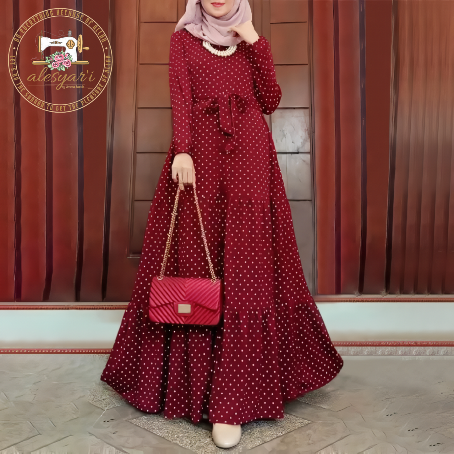 Alesyari Shop I Women Polka Dot Long Sleeve Dress Stylish Belts Party Robe Loose Maxi Dress Muslim Kaftan Sundress Morocco Abaya Hijab