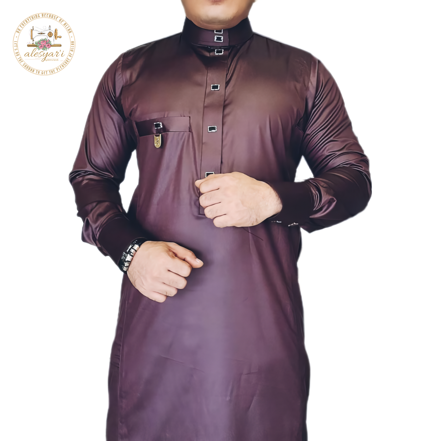 Alesyari Shop I Slimfit Muslim Clothing Contrast Color Muslim Dress Middle East Jubba Thobe Men Robe w/ Long Sleeves Mandarin Neck