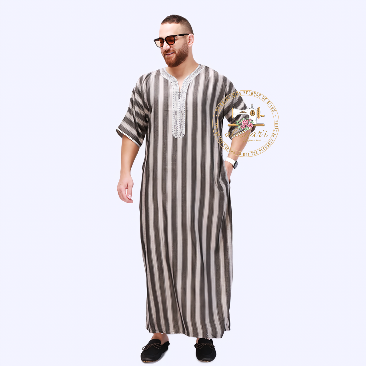 Alesyari Shop I New Muslim Jubba Thobe: Short Sleeve, Striped Design for Traditional Comfort