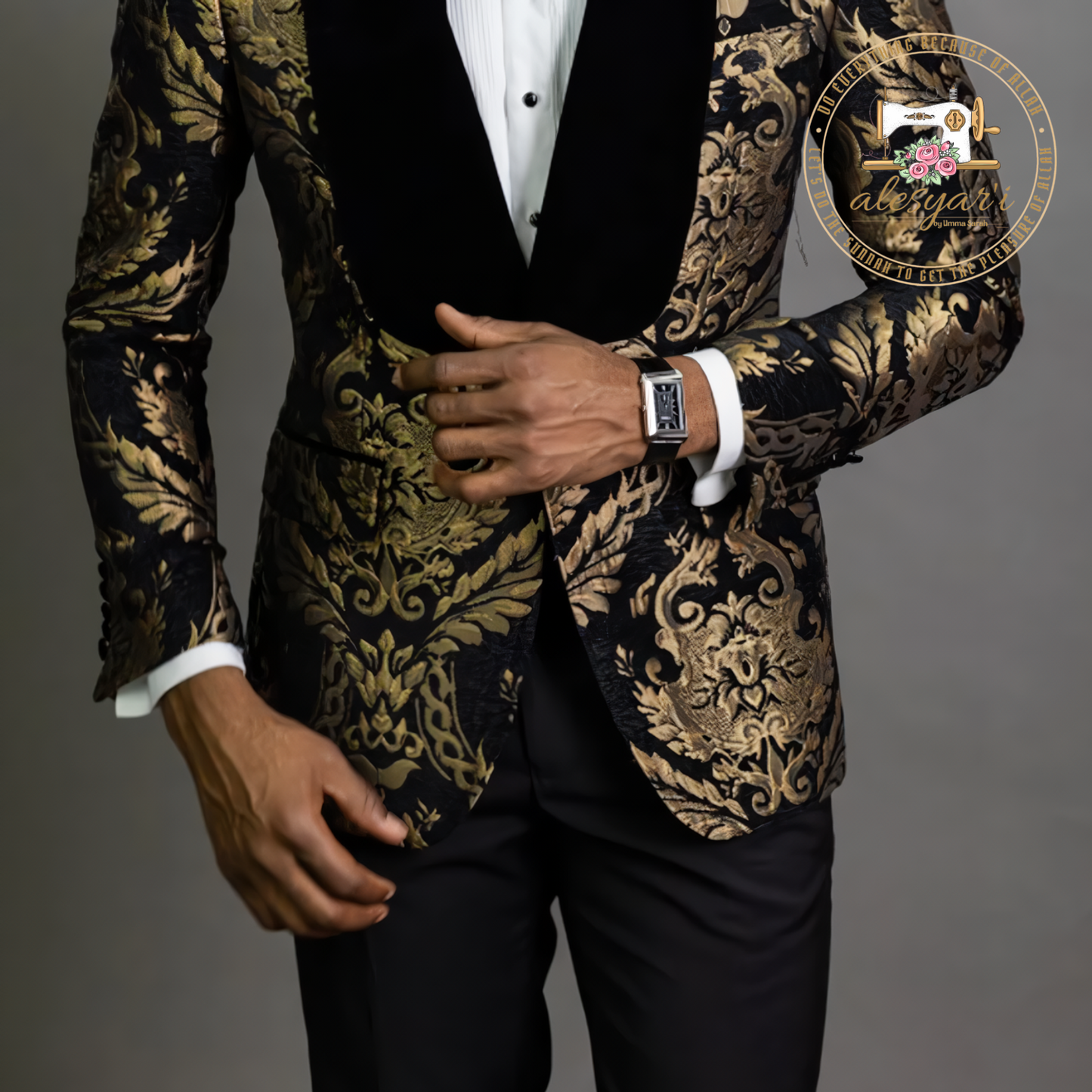 Alesyari Shop I Floral Jacquard Blazer for Men Prom African Fashion Slim Fit with Velvet Shawl Lapel Male Suit Jacket for Wedding Groom Tuxedo