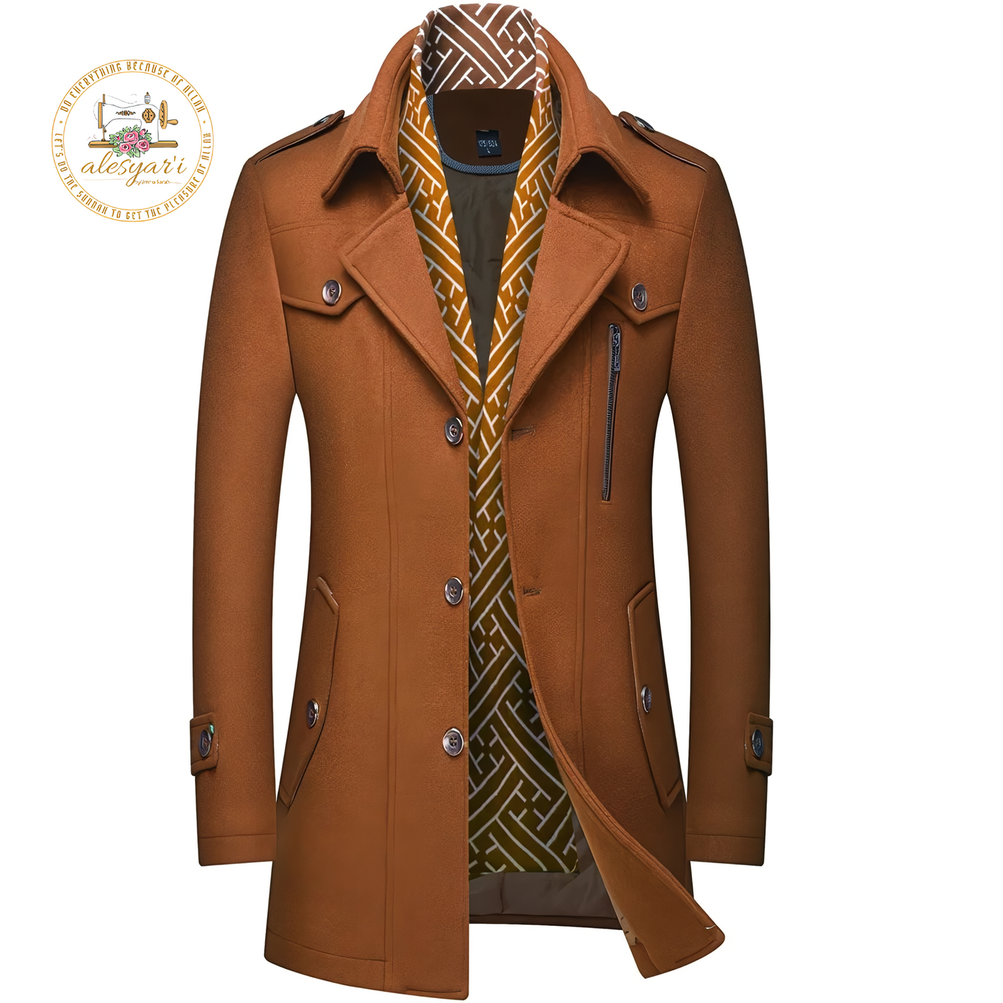 Alesyari Shop I Men's Winter Woolen Coats: Stylish Mid-Length Trench with Thickened Design, Solid Tone, Turn-Down Collar, and Warm Outerwear for Business Casual Style