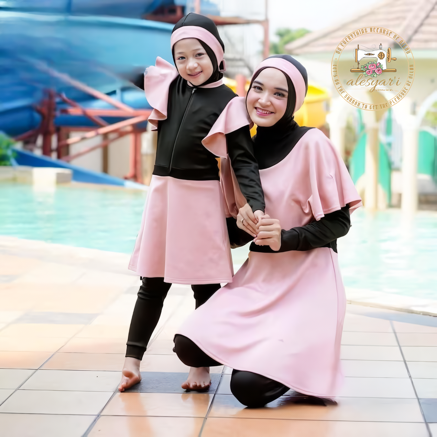 Alesyari Shop I Original Muslimah Swimwear for Kids Modest Swimsuit with Chest Layer and Skirt Overall Jumpsuit