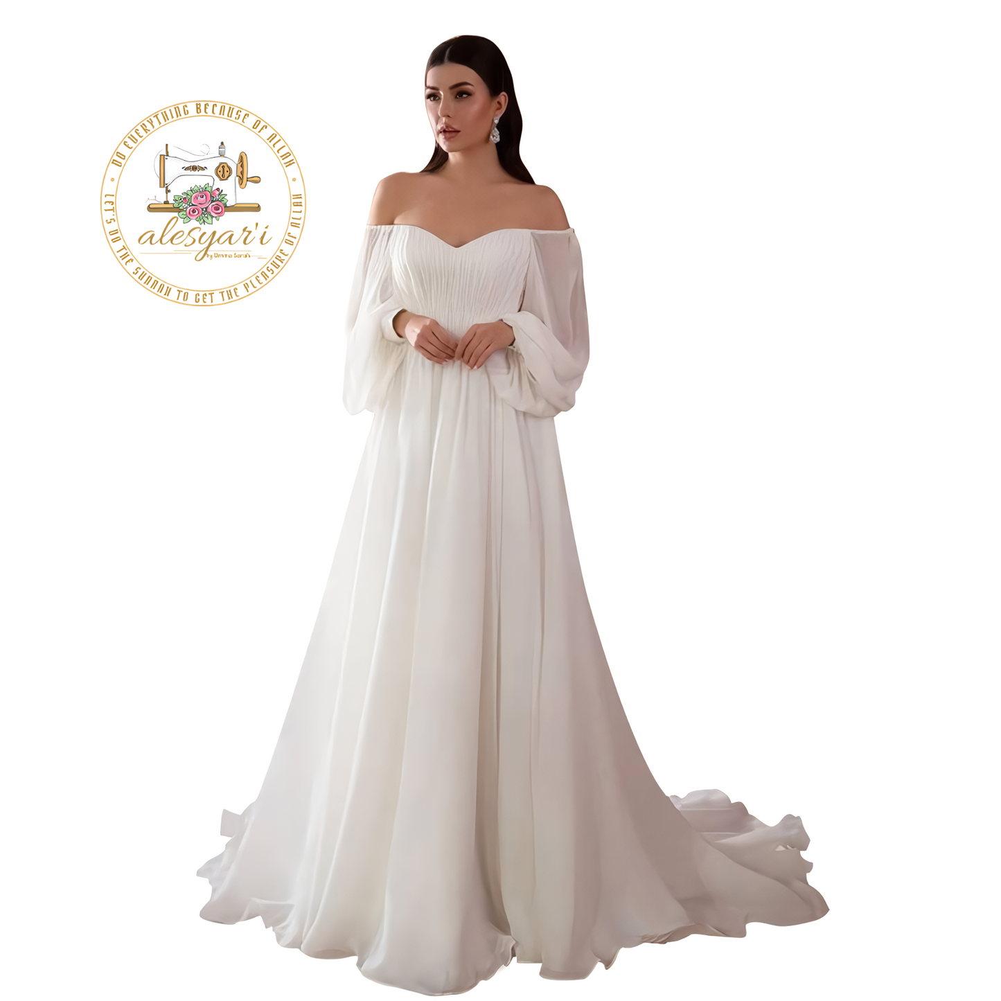 Alesyari Shop I White Floor-Length Gown with Puff Long Sleeves, Sexy Off-Shoulder V-Neck, and Ruched Detail for a Stunning Wedding Evening Look