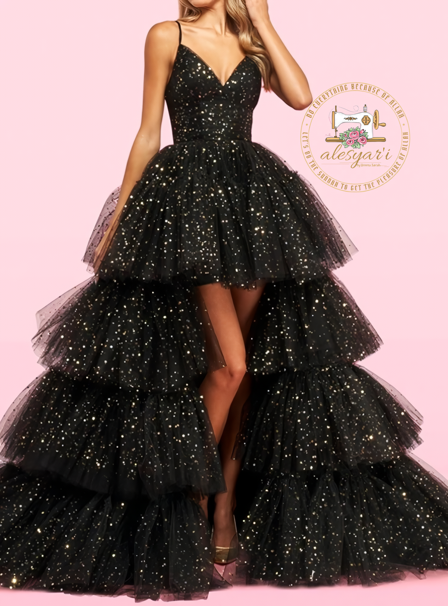 Alesyari Shop I Elegant Princess: Luxury Black V-Neck Ball Gown, Floor-Length Tulle Evening Dress with Long Tail and Pleats for a Stunning Prom Look