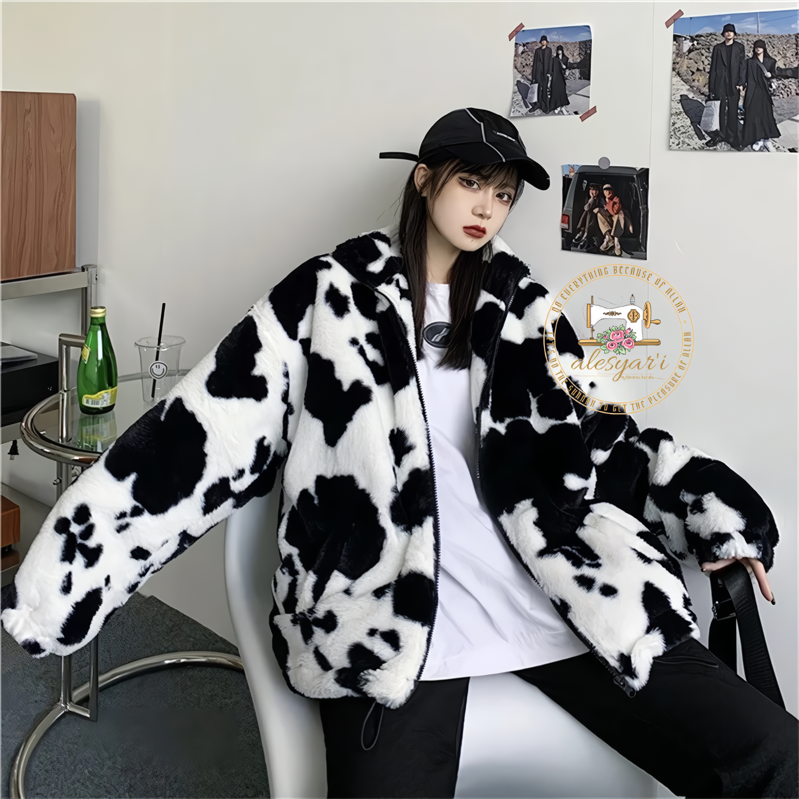 Alesyari Shop I Winter Elegance :  into Style with Our Leather Jacket, Showcasing Playful Cow Prints and in Harajuku Chic