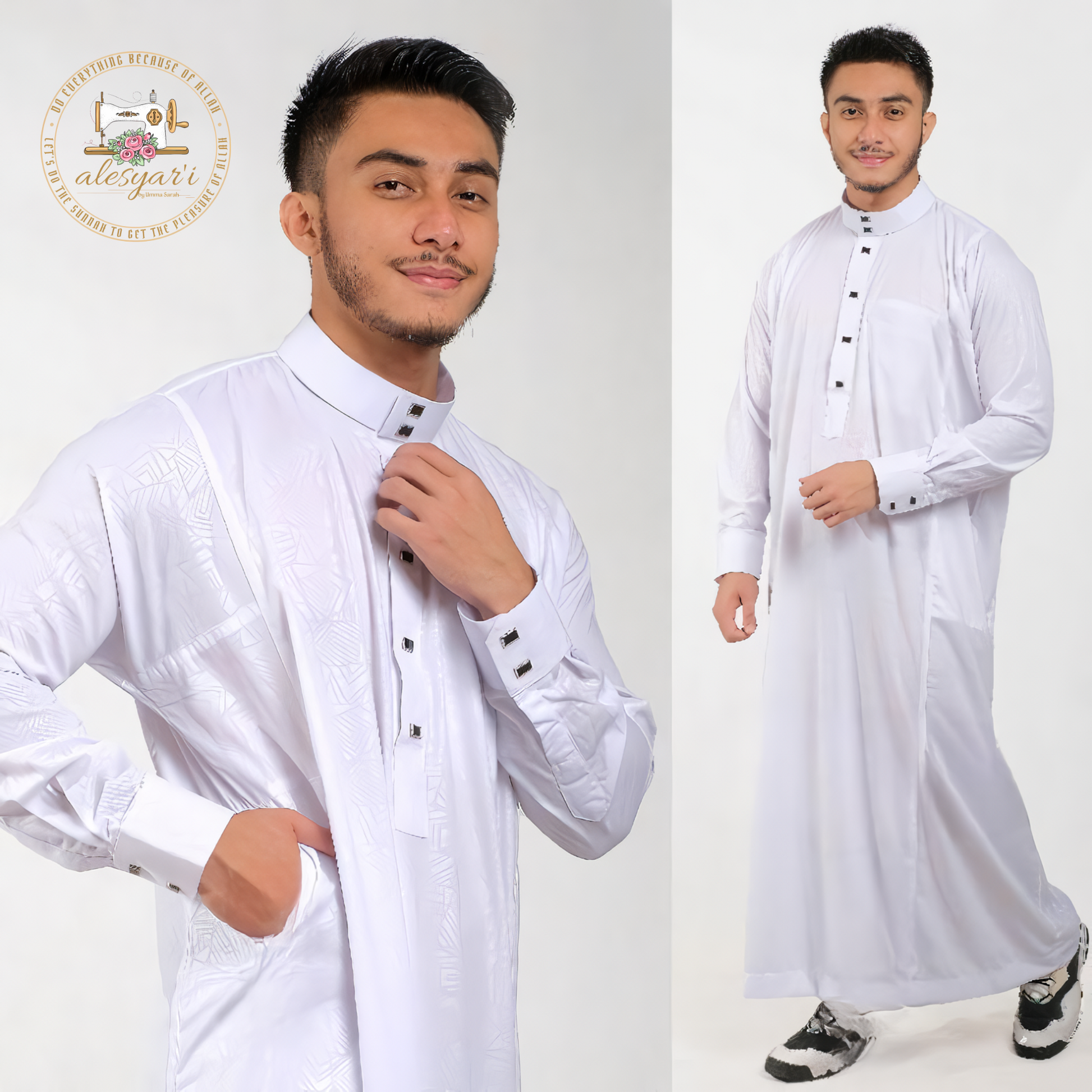 Alesyari Shop I 2024 Muslim Men Jubba Thobe Solid Color Patchwork Robe Saudi Shirt Stand Collar Islamic Arabic Kaftan Men Abaya