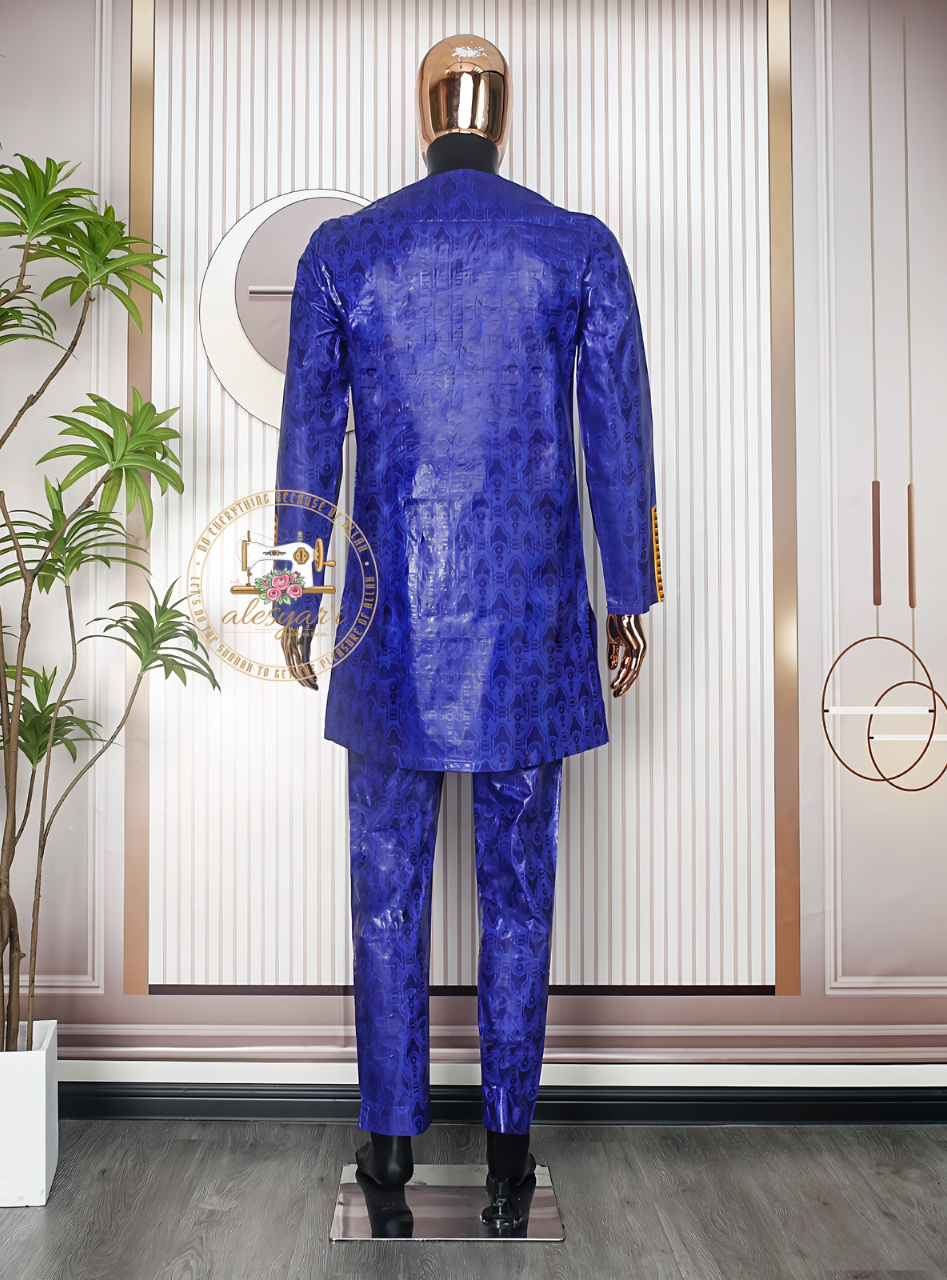 Alesyari Shop I Traditionally Inspired: Blue Embroidered 2-Piece Set for Men – Bazin Top and Pants Perfect for Muslim Wedding Parties and Dashiki Events