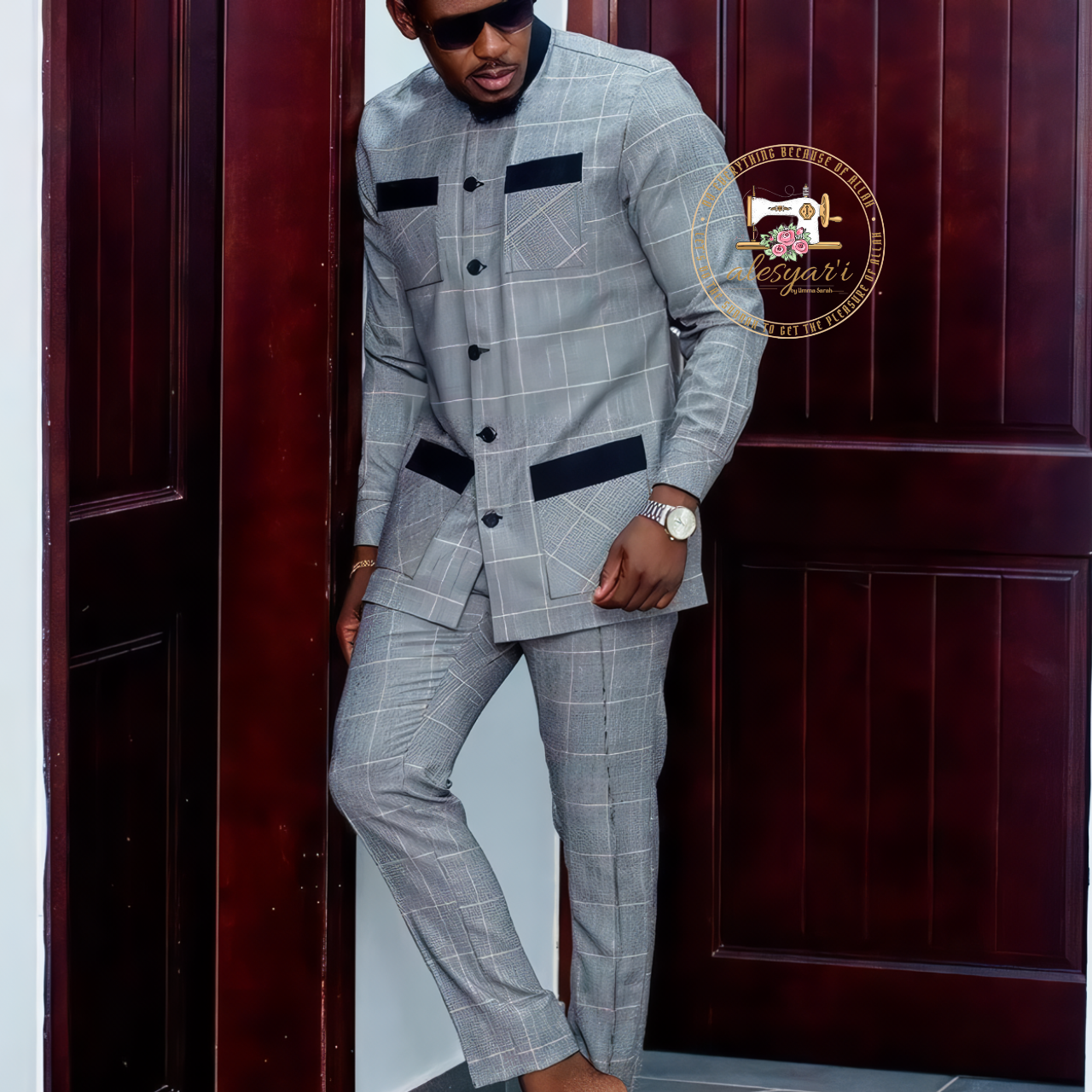 Alesyari Shop I Stylish African-inspired Men's Suit: Single-Breasted Plaid Stripe Ensemble with Matching Pants