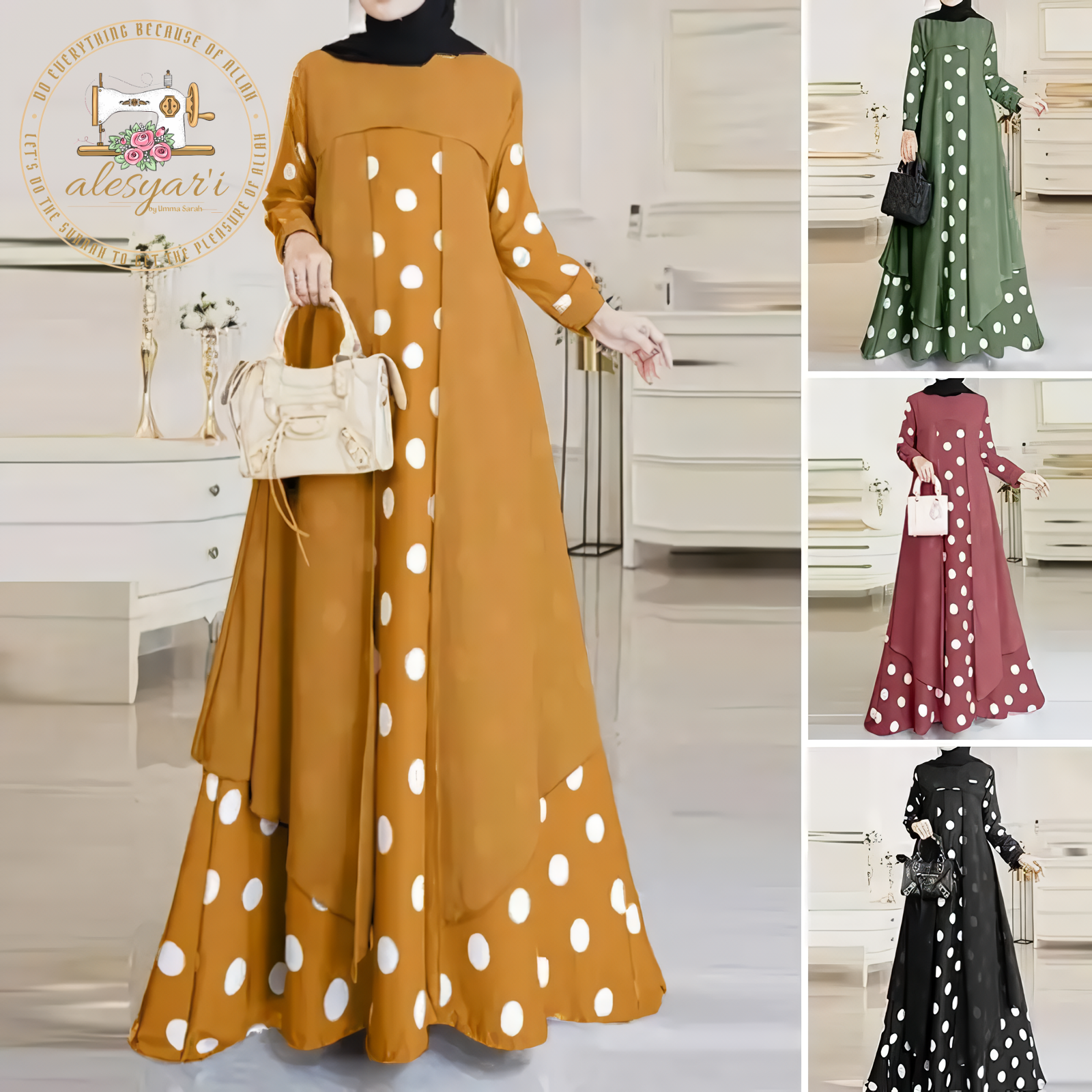 Alesyari Shop I Women Muslim Polka Dots Printed Dress Elegant O-Neck Long Sleeve Sundress Casual Loose Robe Femme Turkey Abaya