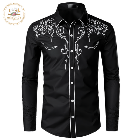 Alesyari Shop I 2024 Stylish Western Cowboy Shirt Men Brand Design Embroidery Slim Fit Casual Long Sleeve Shirts Mens Wedding Party Shirt for Male