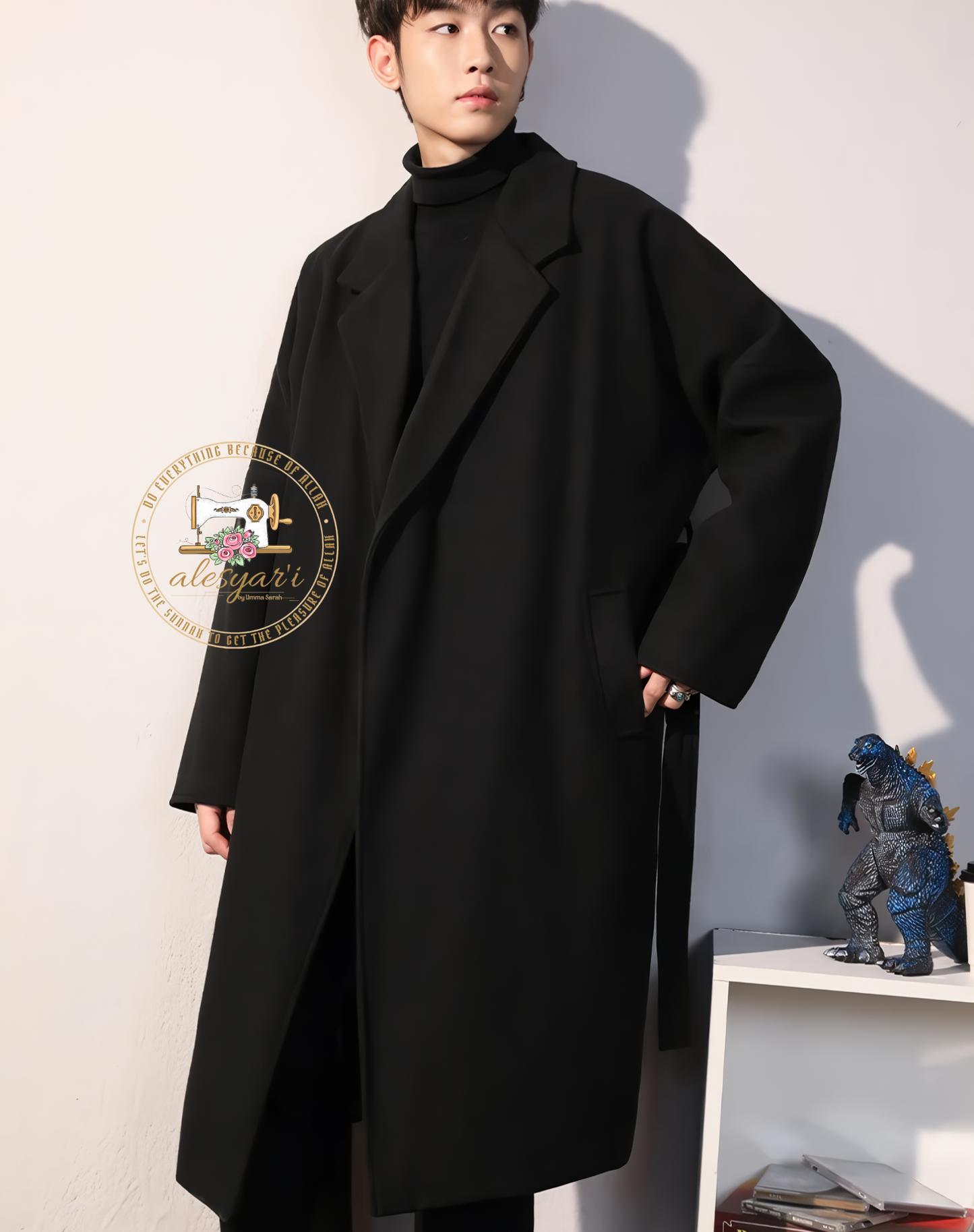 Alesyari Shop I Winter Elegance: Stylish Men's Black Wool Overcoat, Long Padding Coat, and Cardigans