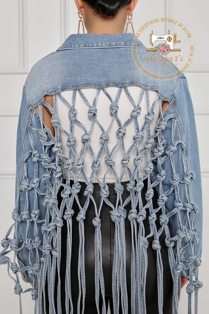 Alesyari Shop I Revolutionary Women's Denim Jacket: Stylish Back Mesh and Tassel Details