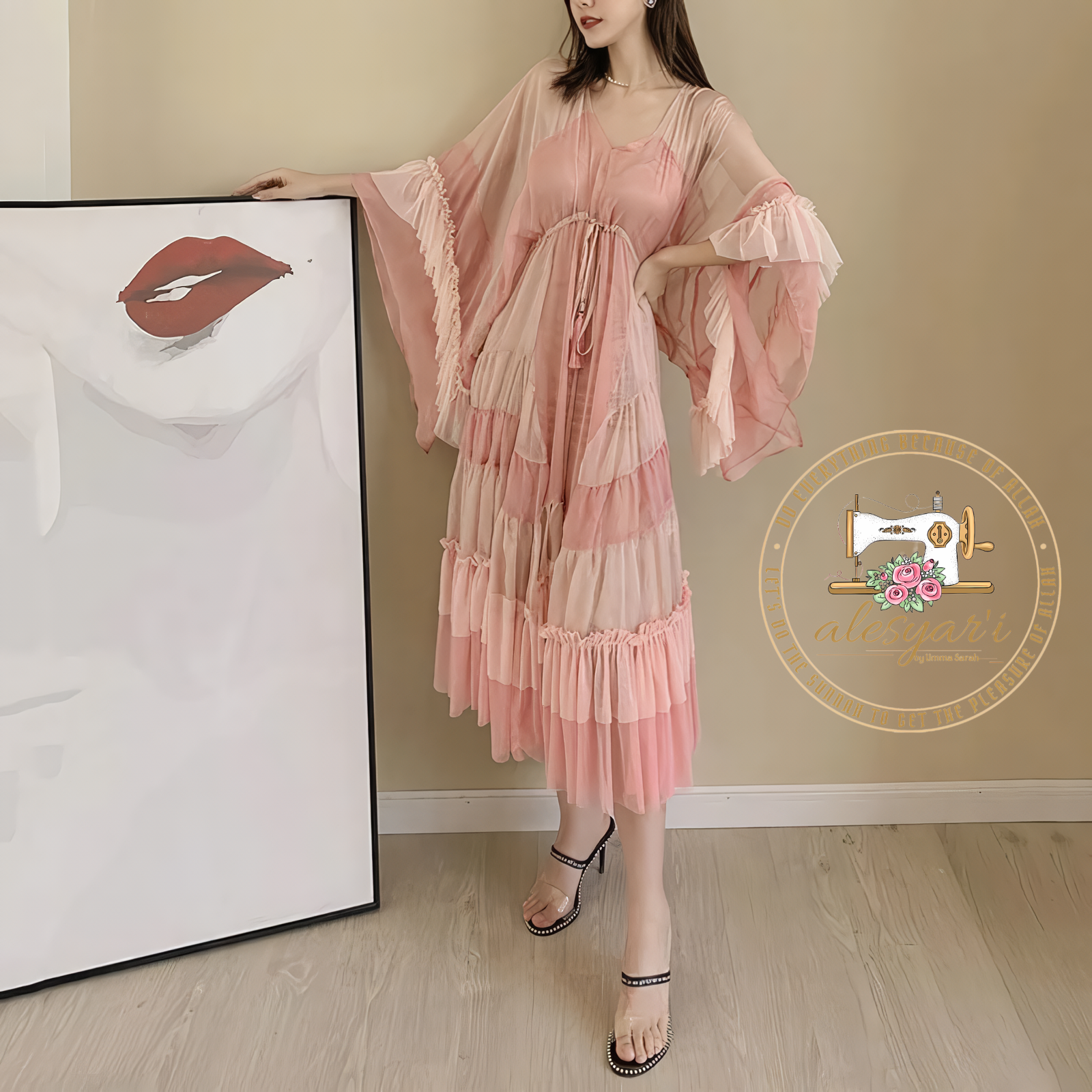 Alesyari Shop I New Summer 2023 Pink Cake Dress: Elegant Fashion with Striped Flare Sleeves, Waist Tie, and Beach-Style