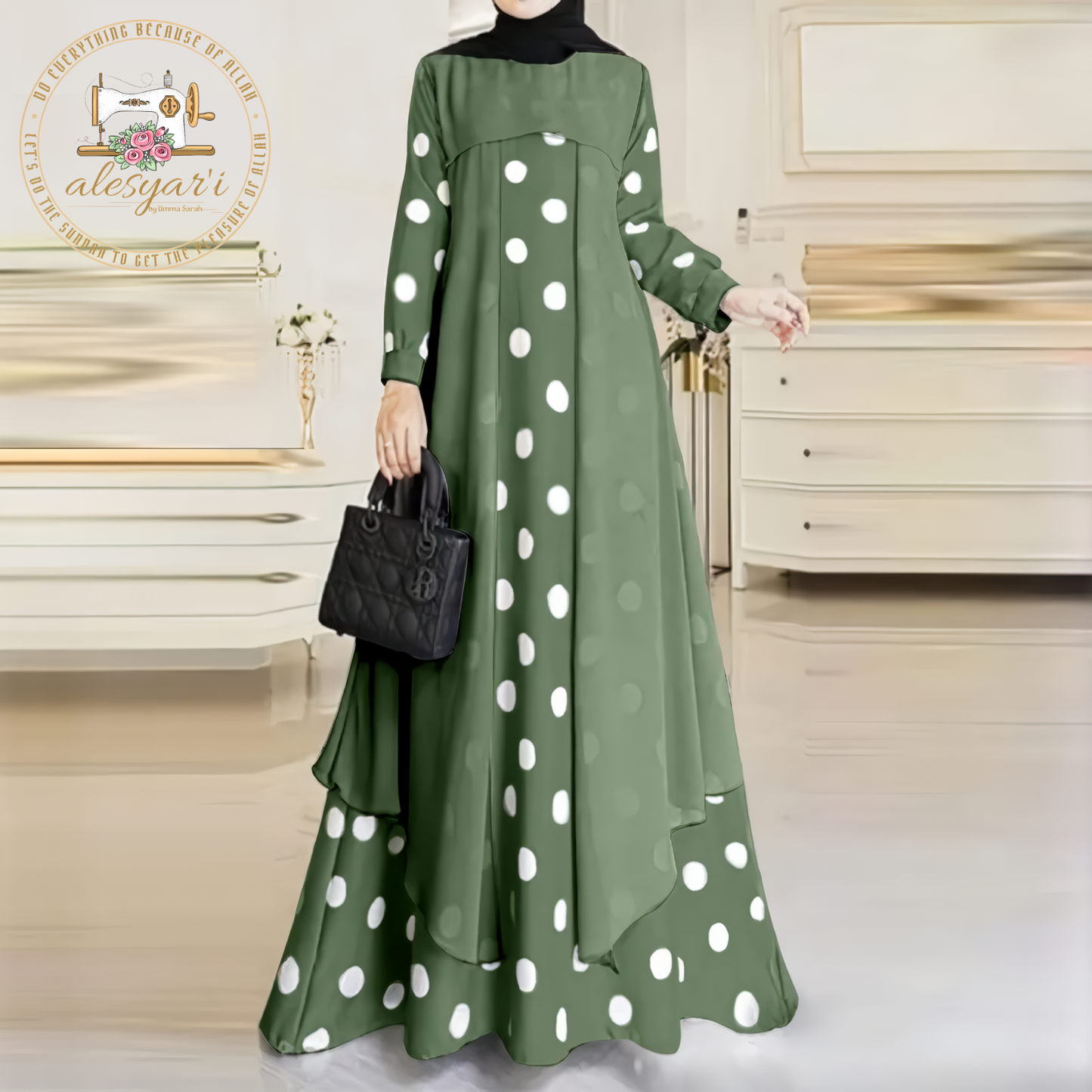 Women Muslim Polka Dots Printed Dress Elegant O-Neck Long Sleeve Sundress Casual Loose Robe Femme Turkey Abaya