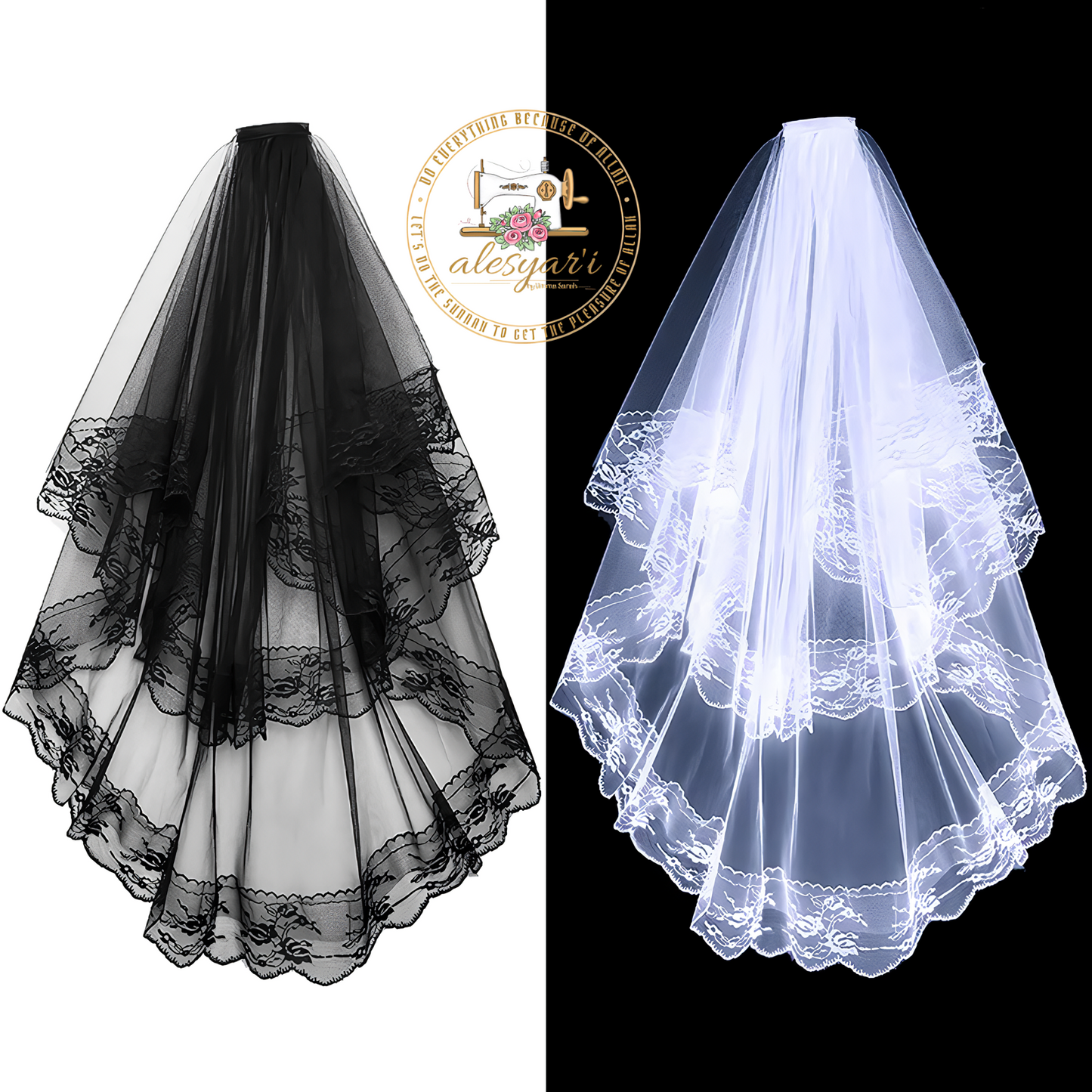 Alesyari Shop I Short Two-Layer Black and White Lace Bridal Veils with Comb – Ideal for Brides, Cosplay, and Vintage-inspired Wedding Elegance