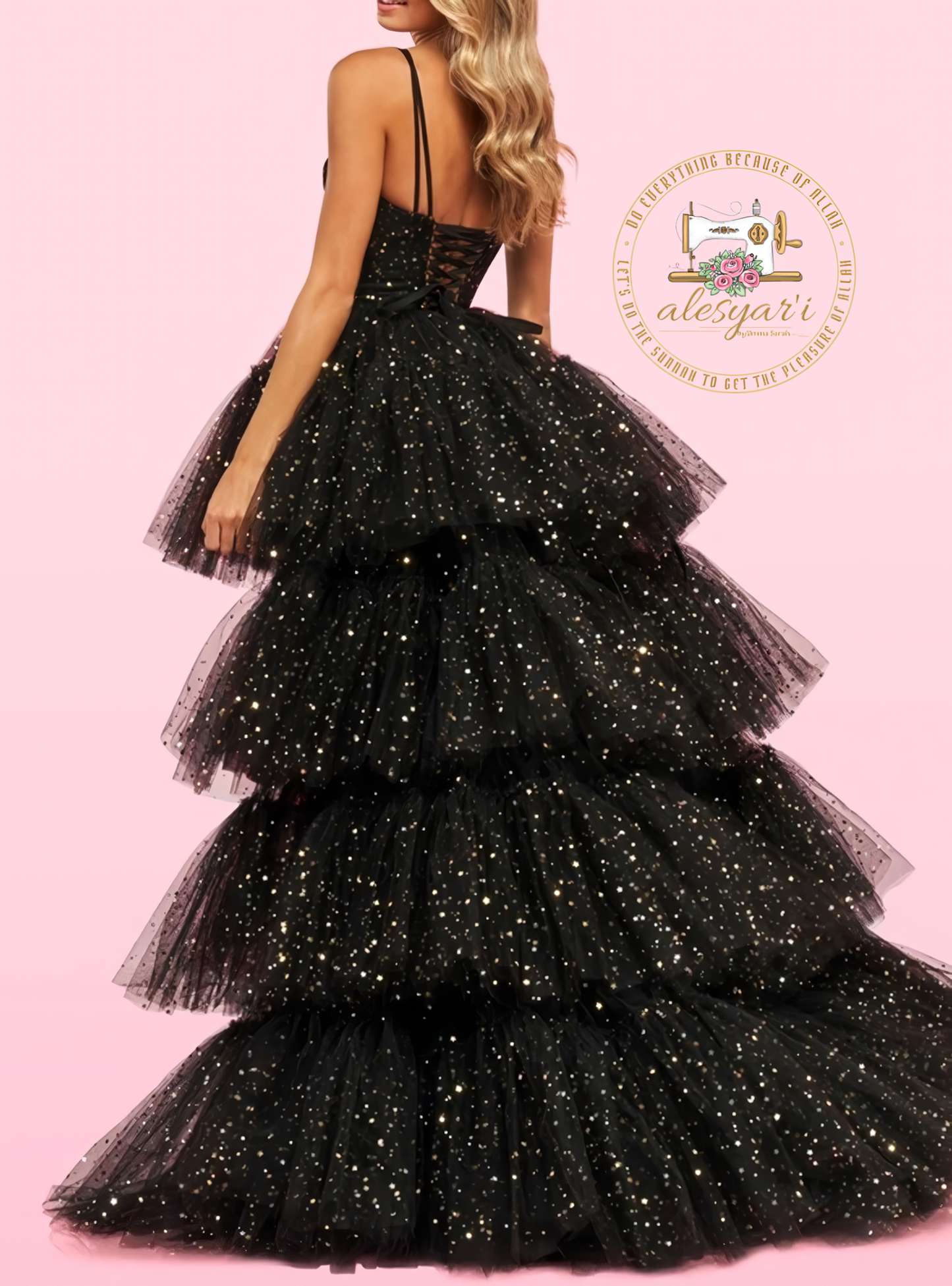 Alesyari Shop I Elegant Princess: Luxury Black V-Neck Ball Gown, Floor-Length Tulle Evening Dress with Long Tail and Pleats for a Stunning Prom Look