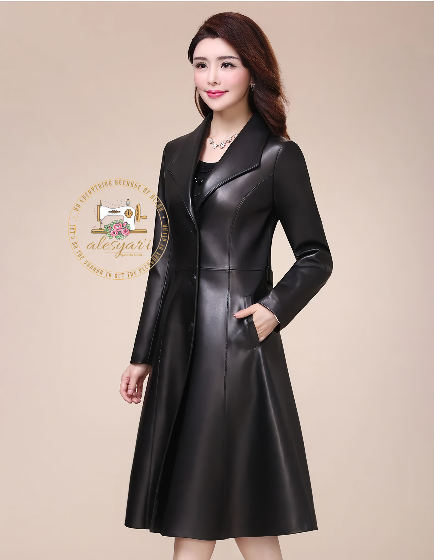 Alesyari Shop I Elegance Unveiled: Embrace Spring and Autumn in Our Long Black Soft Faux Leather Coat – A Stunning Jacket for Women