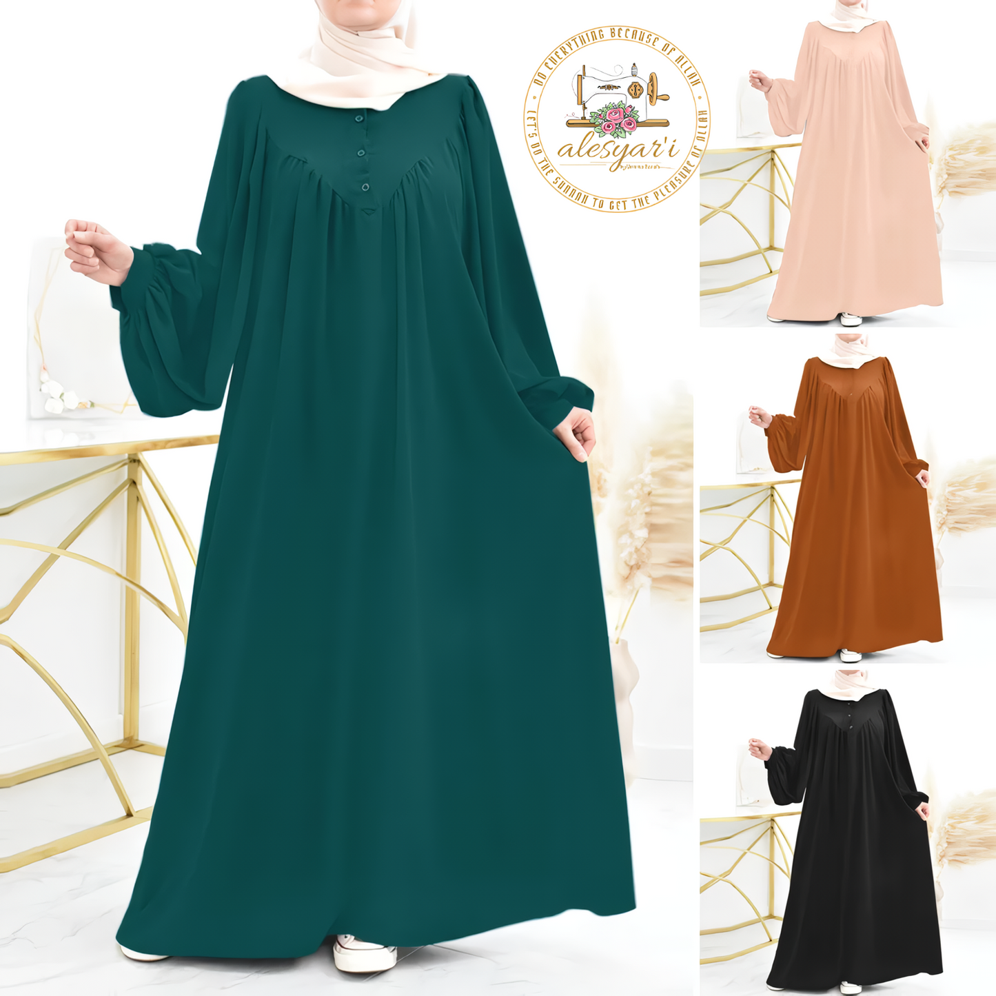 Alesyari Shop I Comfort Oversized Puff Sleeve Muslim Shirt Dress with Hijab - Stylish Casual Wear for Women