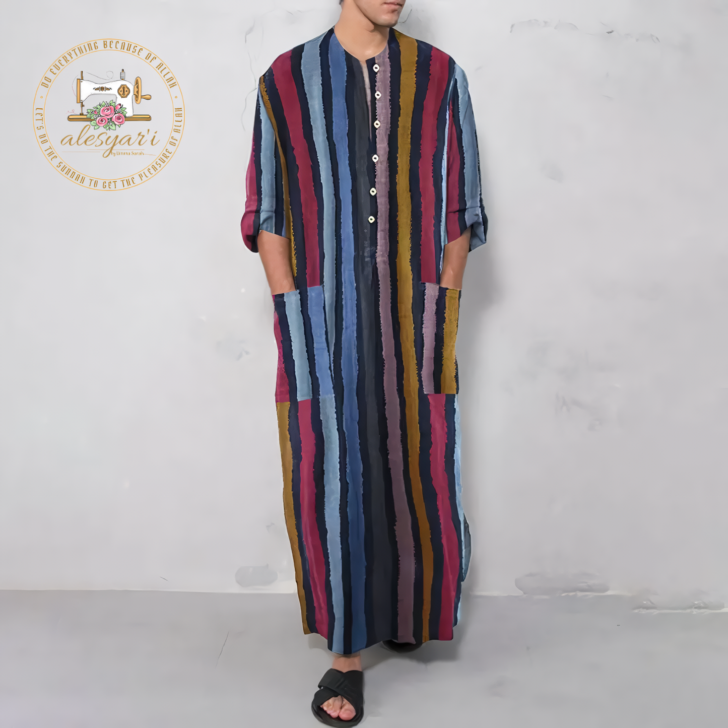 Alesyari Shop I Mens Islamic 2024 Jubba Thobe Long Sleeve, Solid Pockets,  Abaya Dress Classic Muslim Kaftan for Discerning Gentlemen