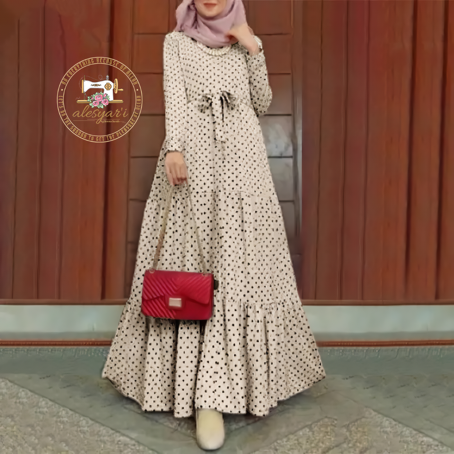 Alesyari Shop I Eid Elegance: Abaya Long Robe with Dots Dress and Kaftan - Perfect Evening Attire for Muslim Women during Ramadan in Arab-Islamic Fashion