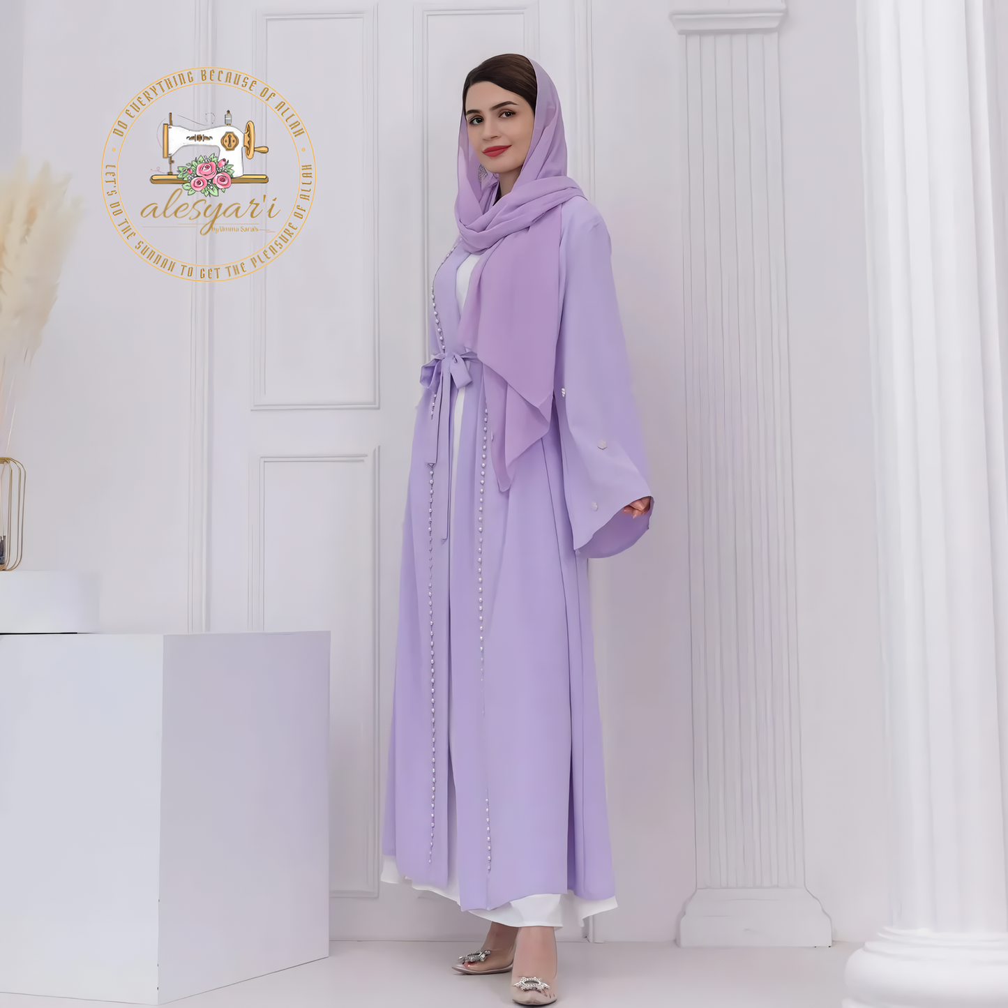 Alesyari Shop I Purple Majesty Luxurious Open-Front Muslim Abaya Kimono with Intricate Embellishments