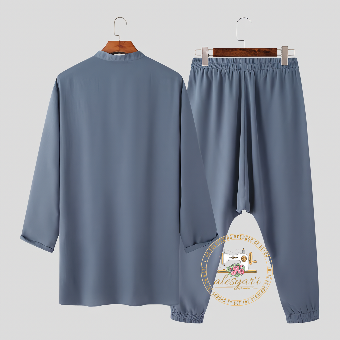 Alesyari Shop I Men's Solid Vintage Muslim Attire featuring Stand Collar Long Sleeve Shirt & Drop-Crotch Pants in a Stylish 2-Piece Casual