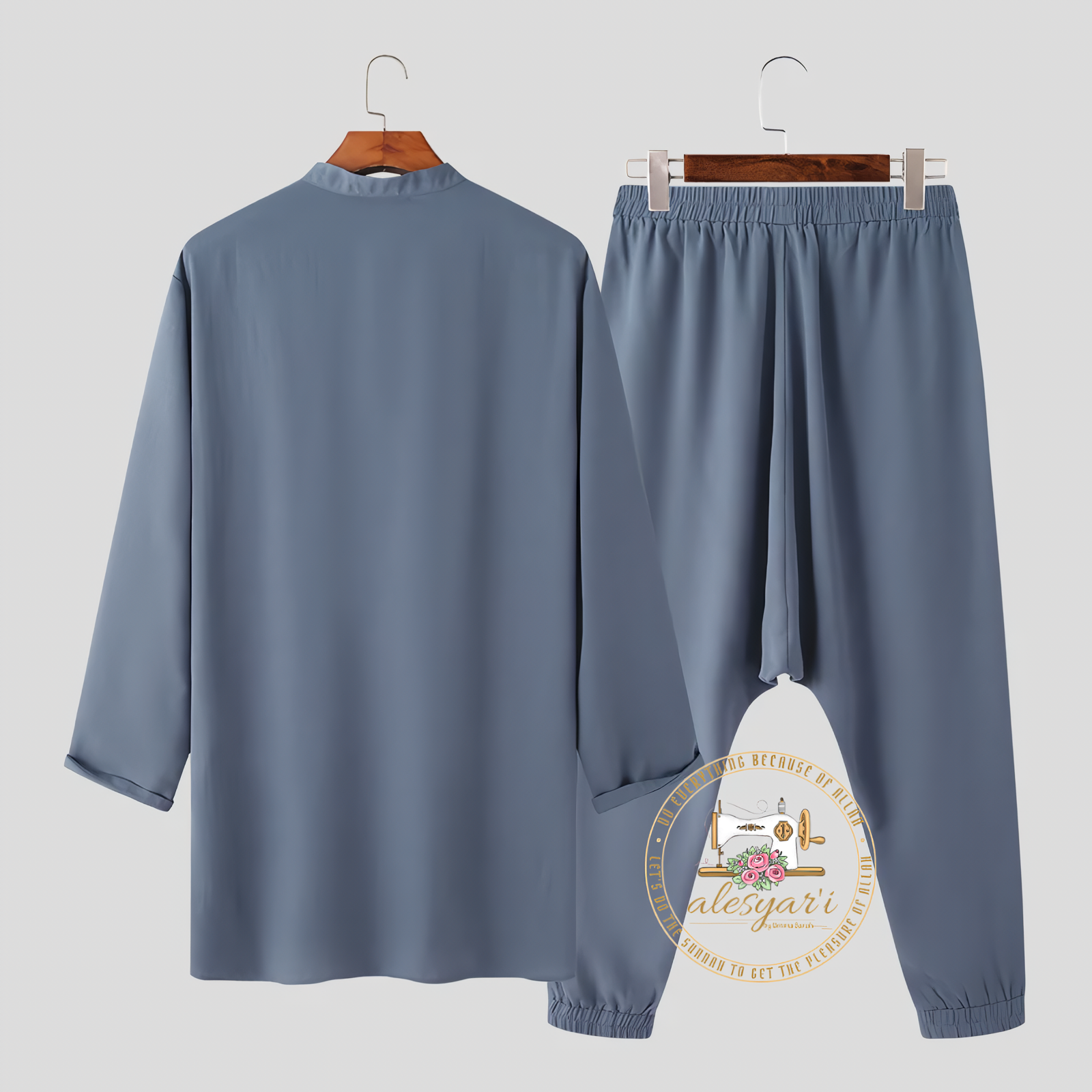 Alesyari Shop I Men's Solid Vintage Muslim Attire featuring Stand Collar Long Sleeve Shirt & Drop-Crotch Pants in a Stylish 2-Piece Casual