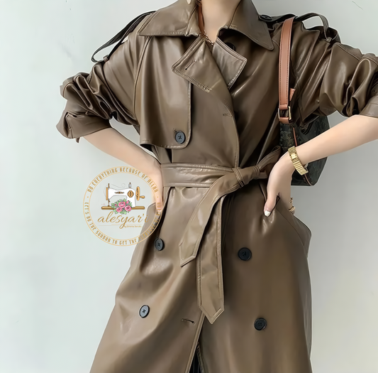 Alesyari Shop I Chic Double-Breasted Leather Long Coat with Belt and Long Sleeves for Women