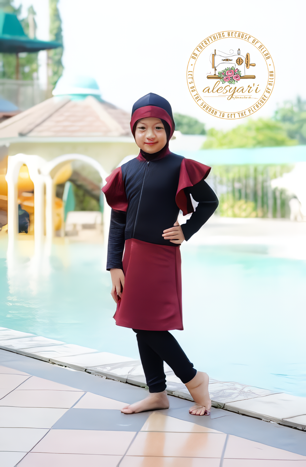 Alesyari Shop I Original Muslimah Swimwear for Kids Modest Swimsuit with Chest Layer and Skirt Overall Jumpsuit