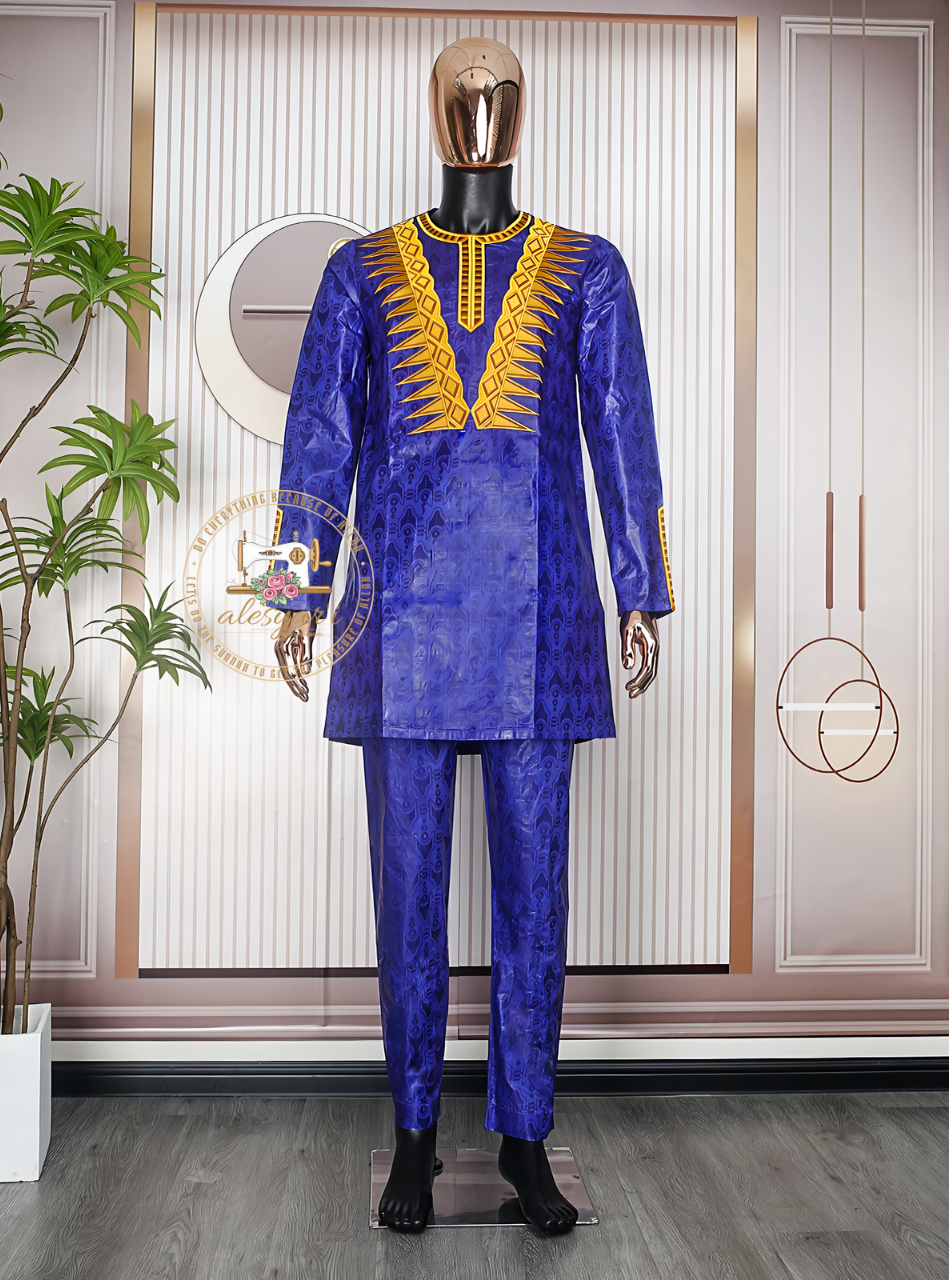 Alesyari Shop I Traditionally Inspired: Blue Embroidered 2-Piece Set for Men – Bazin Top and Pants Perfect for Muslim Wedding Parties and Dashiki Events