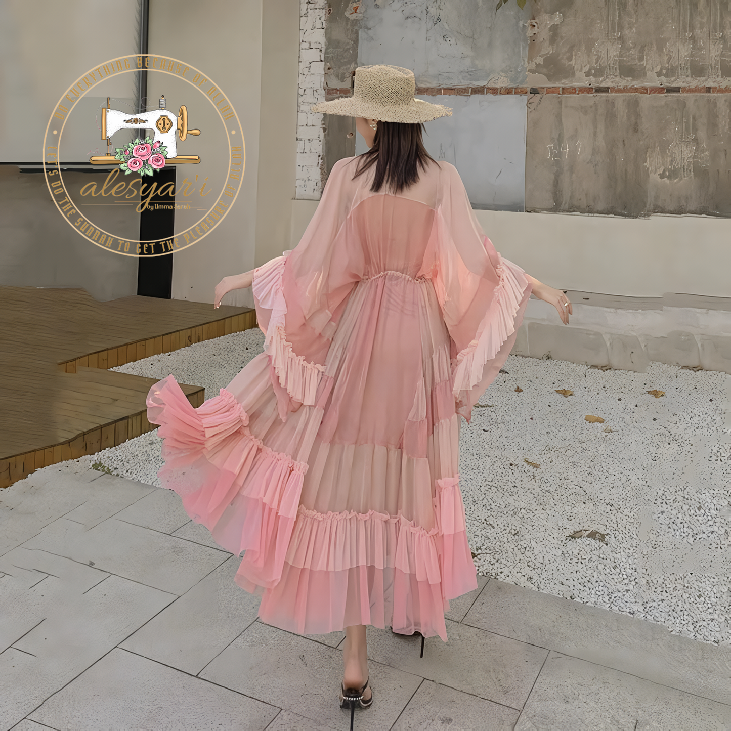 Alesyari Shop I New Summer 2023 Pink Cake Dress: Elegant Fashion with Striped Flare Sleeves, Waist Tie, and Beach-Style