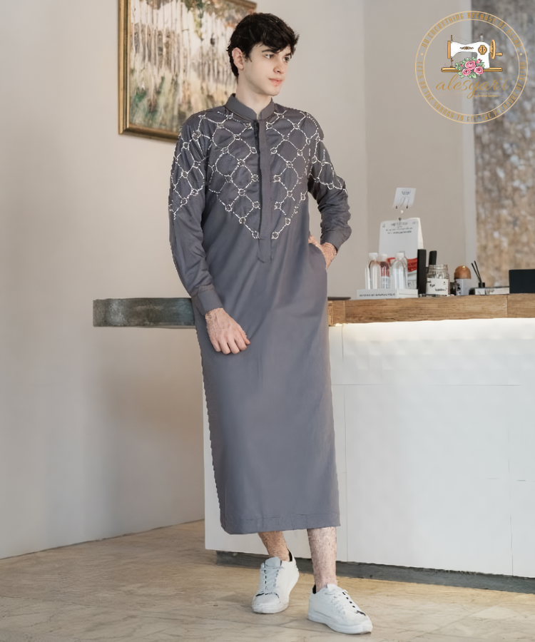 Alesyari Shop I Men's Embroidered Jubba Thobe Kaftan: Traditional Elegance