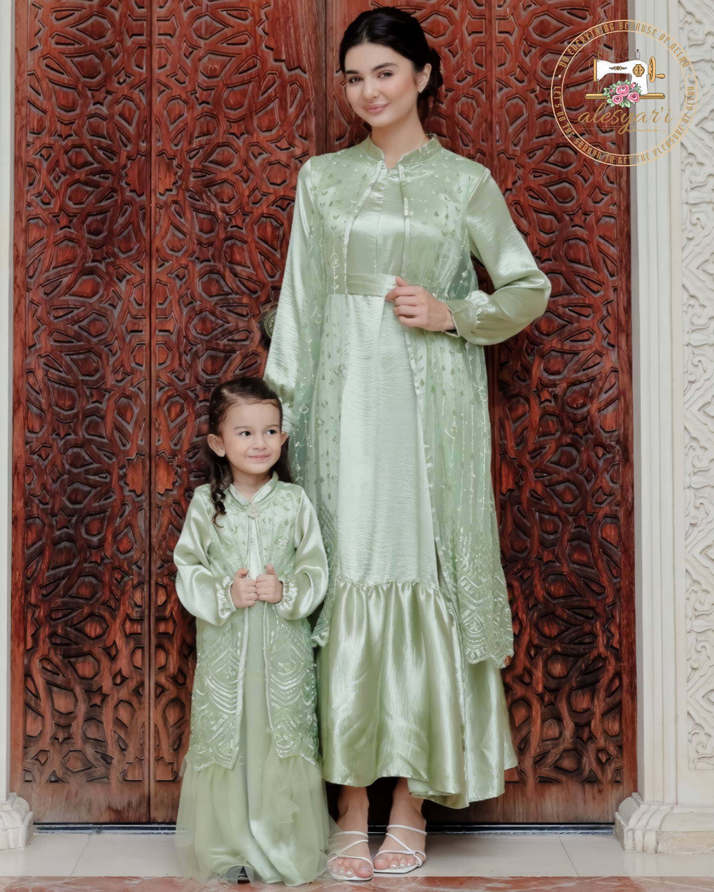 Fashion Family Matching Clothes Mother Daughter Dresses Sage Green Rose Gold Abaya Kids Mom