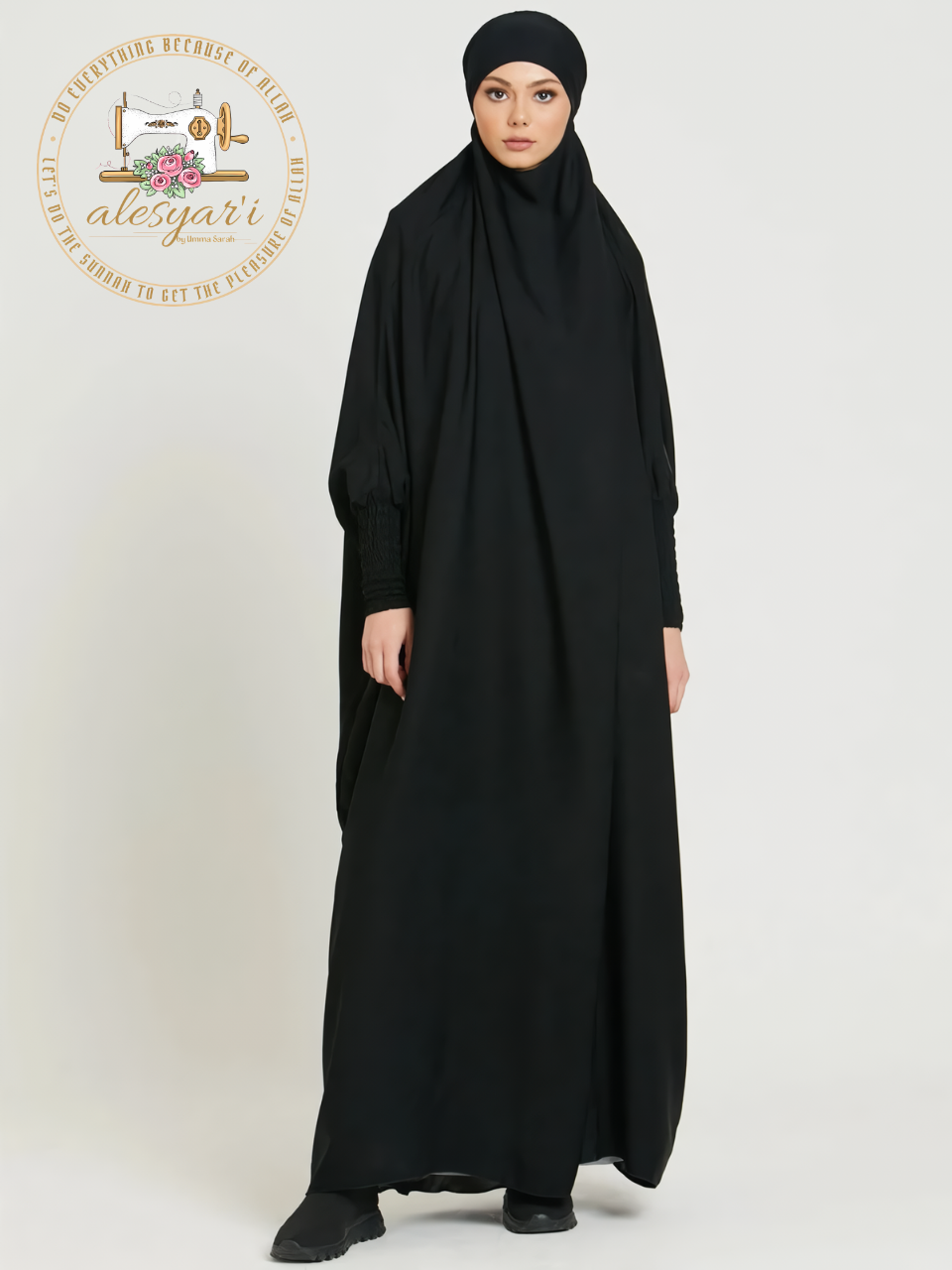 Alesyari Shop I Muslim Women's Praying Gown: Abaya with Smocked Sleeves - Modest Islamic Attire in Elegant Black, Combining Dubai, Saudi, and Turkish Styles