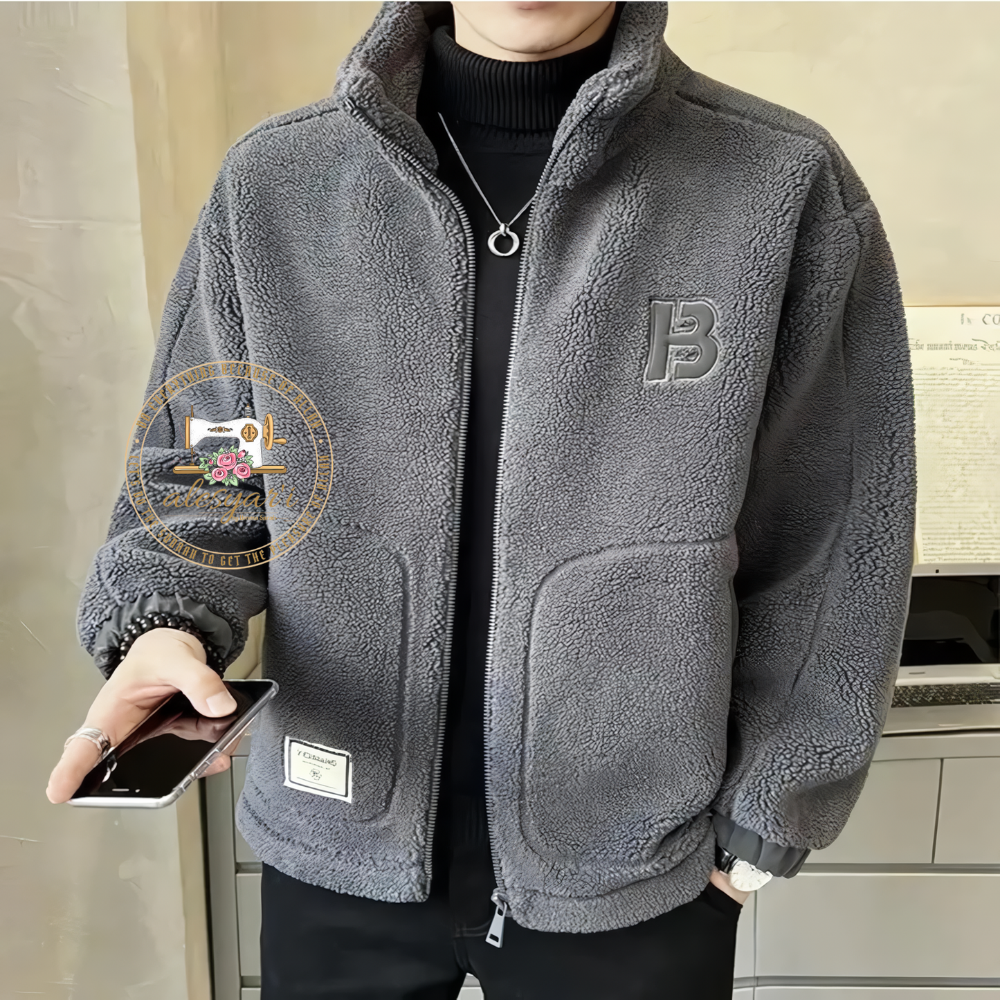 Alesyari Shop I Luxurious Streetwear Style: Men's Winter Polar Fleece Jacket - Solid Color, Loose Fit, and Warm Comfort