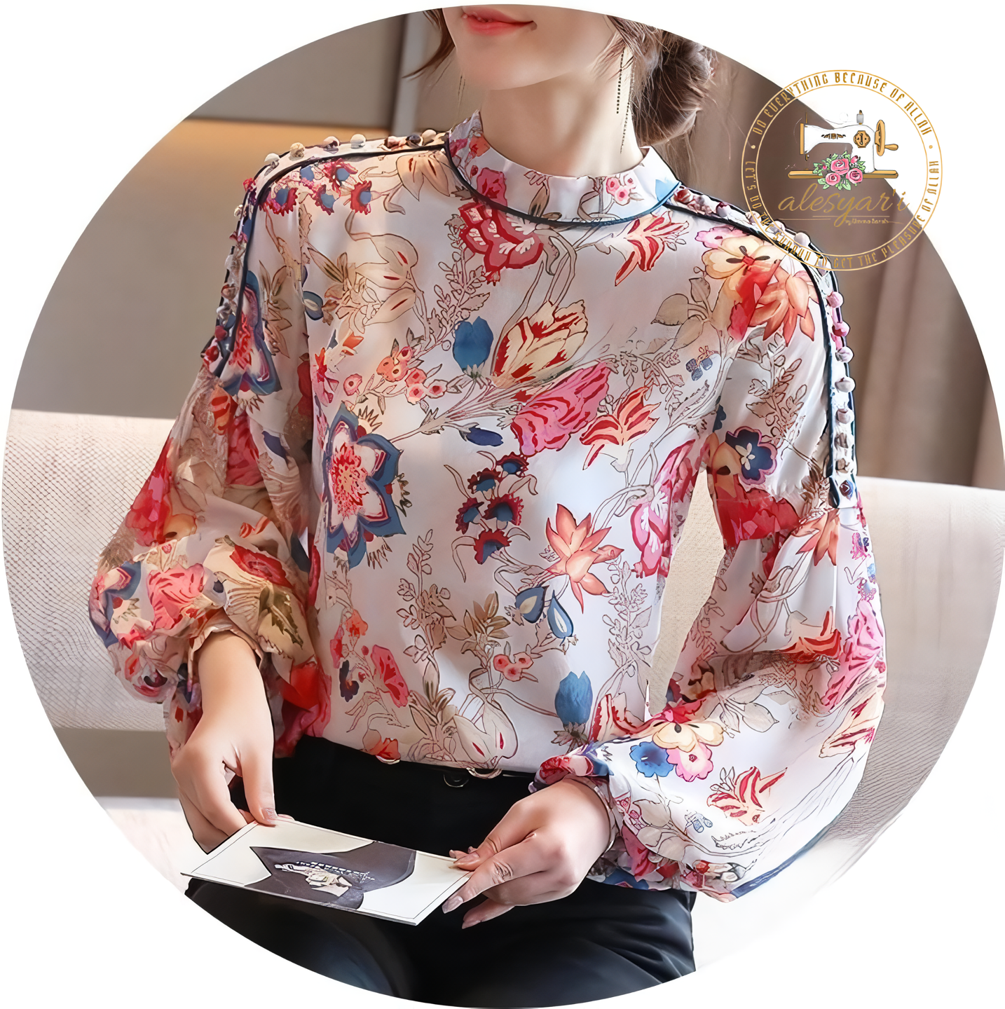 Alesyari Shop I Chic Chiffon Elegance: Women's Print Blouse with Long Sleeves - Stylish Tops for Fashionable Wardrobe