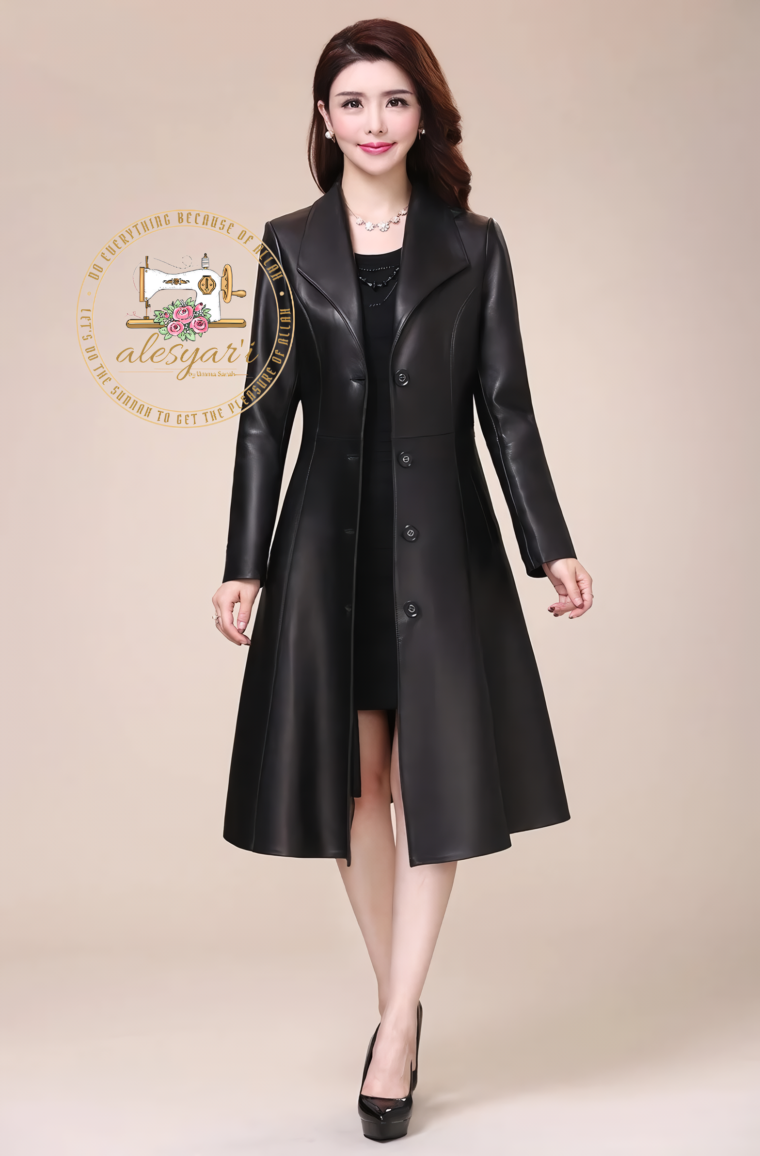 Alesyari Shop I Elegance Unveiled: Embrace Spring and Autumn in Our Long Black Soft Faux Leather Coat – A Stunning Jacket for Women