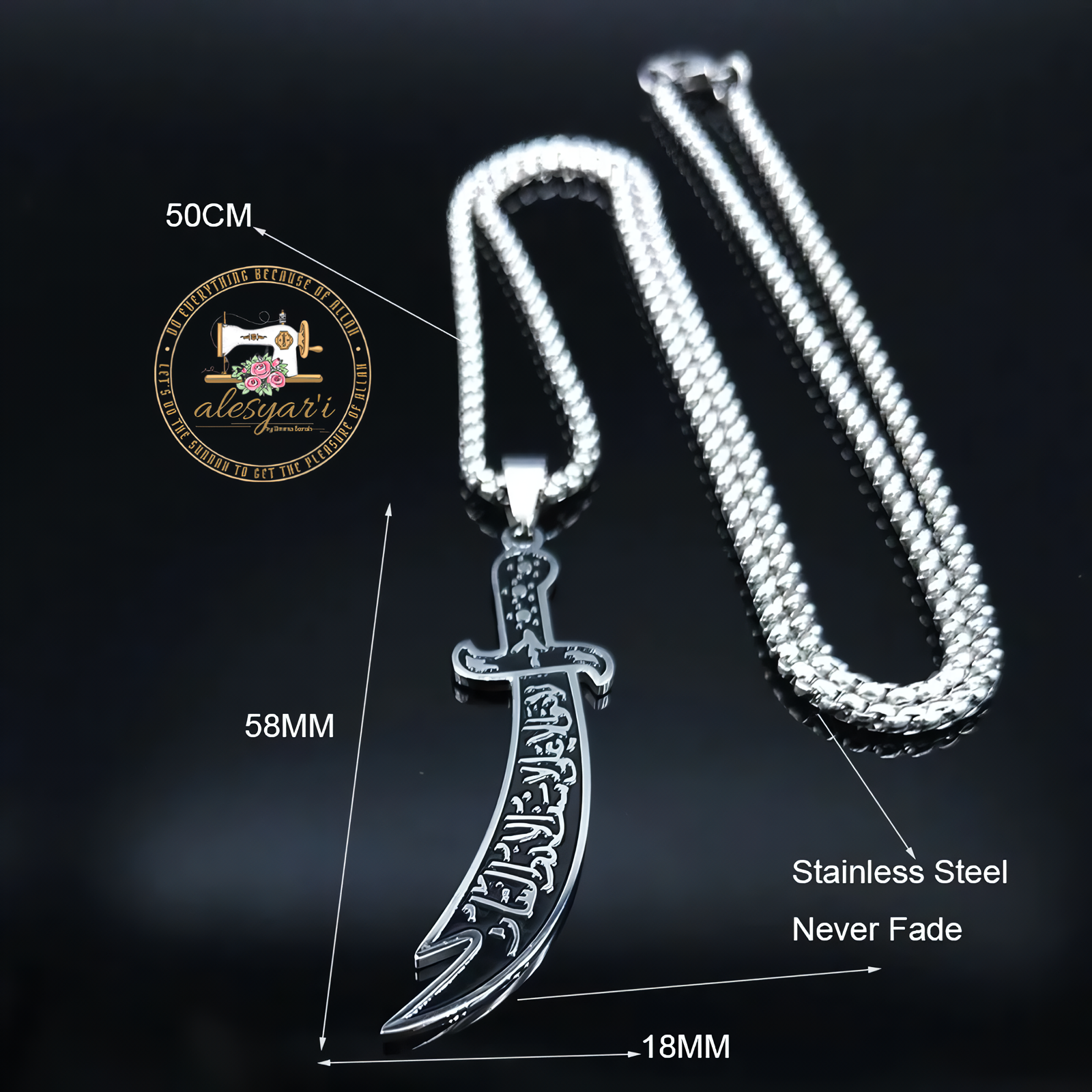 Alesyari Shop I Stainless Steel Arabic Sword Pendant Necklace - A Unique Statement in Islamic Jewelry