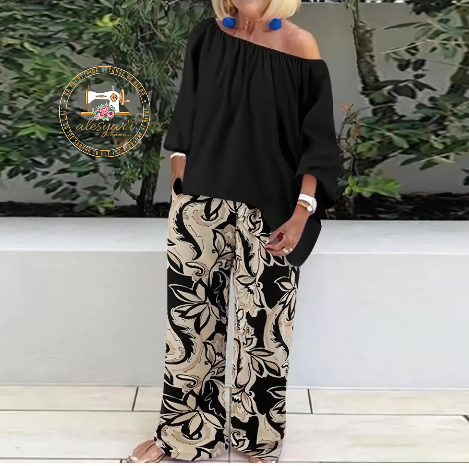 Alesyari Shop I Chic Prints Ensemble: Women's Sexy Off-Shoulder Tops and Wide-Leg Pants Set – Autumn Casual Elegance for Stylish Holiday Outfits