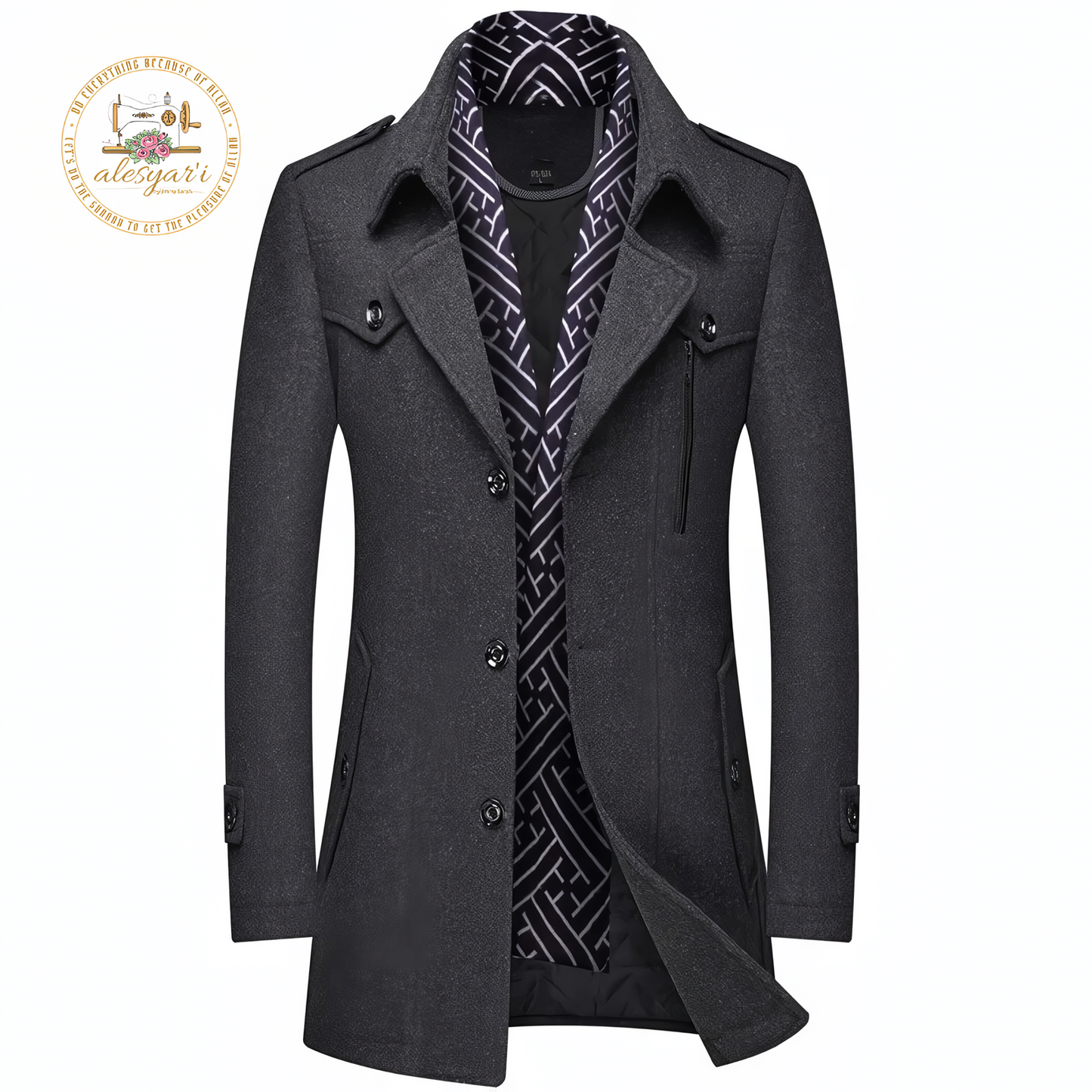 Alesyari Shop I Men's Winter Woolen Coats: Stylish Mid-Length Trench with Thickened Design, Solid Tone, Turn-Down Collar, and Warm Outerwear for Business Casual Style