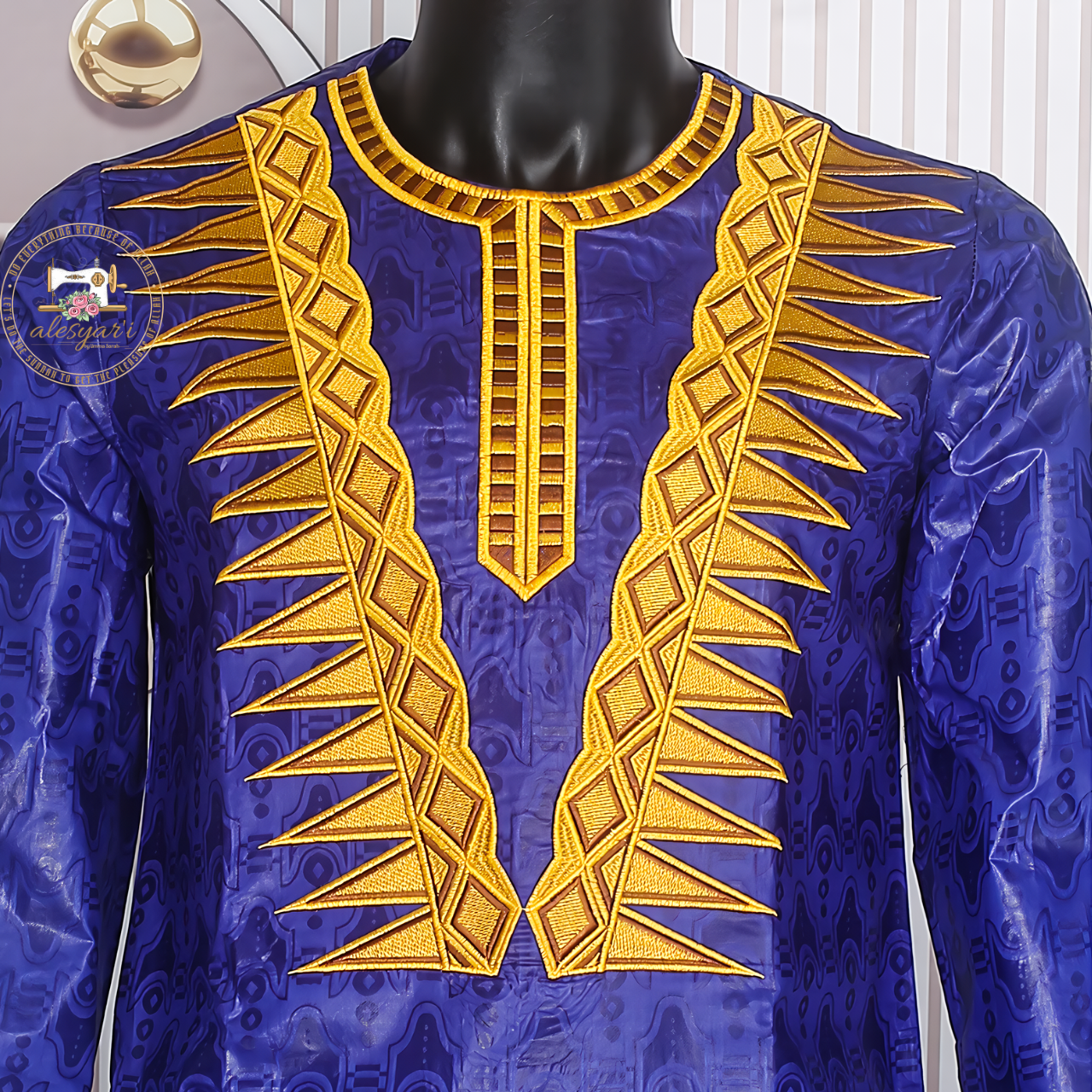 Alesyari Shop I Traditionally Inspired: Blue Embroidered 2-Piece Set for Men – Bazin Top and Pants Perfect for Muslim Wedding Parties and Dashiki Events