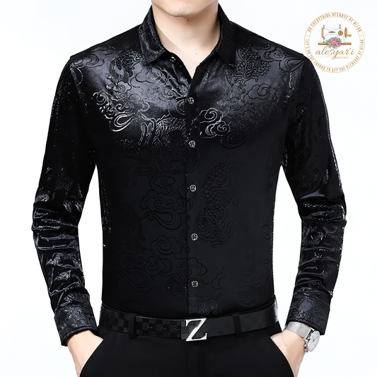 Alesyari Shop I 2024 Luxury Chinese Dragon Embroidery Velvet Shirt Men Slim Fit Long Sleeve Casual Shirts Men's Button Down Social Party Chemise 4XL