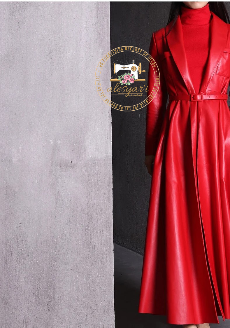 Alesyari Shop I Exquisite Red and Black Maxi PU Leather Trench Coat: An Extra-Long, Skirted, and Elegant Overcoat for Women of Distinction.