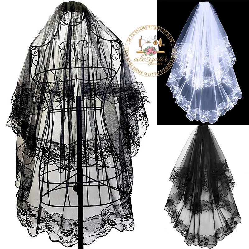 Alesyari Shop I Short Two-Layer Black and White Lace Bridal Veils with Comb – Ideal for Brides, Cosplay, and Vintage-inspired Wedding Elegance