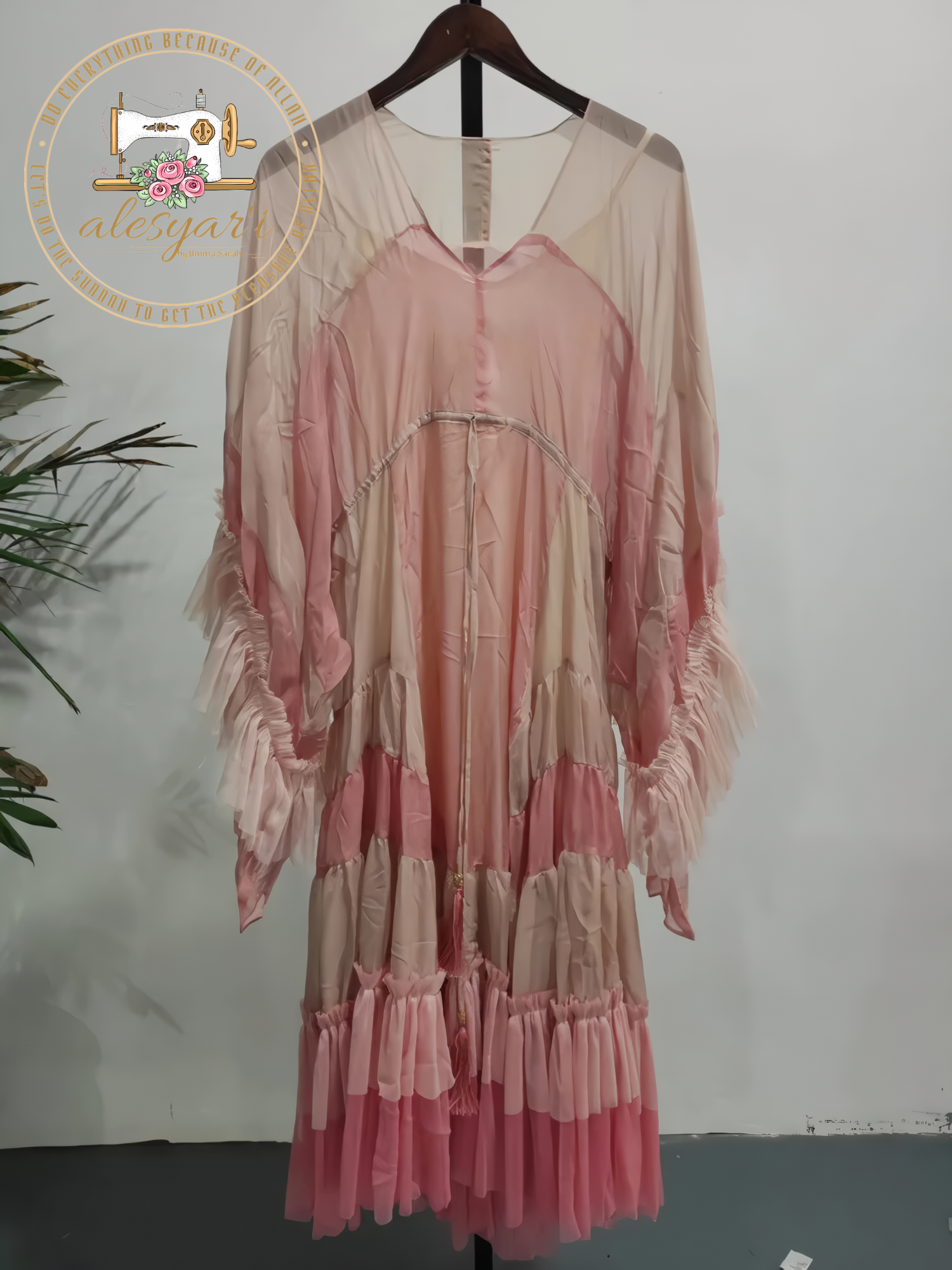 Alesyari Shop I New Summer 2023 Pink Cake Dress: Elegant Fashion with Striped Flare Sleeves, Waist Tie, and Beach-Style