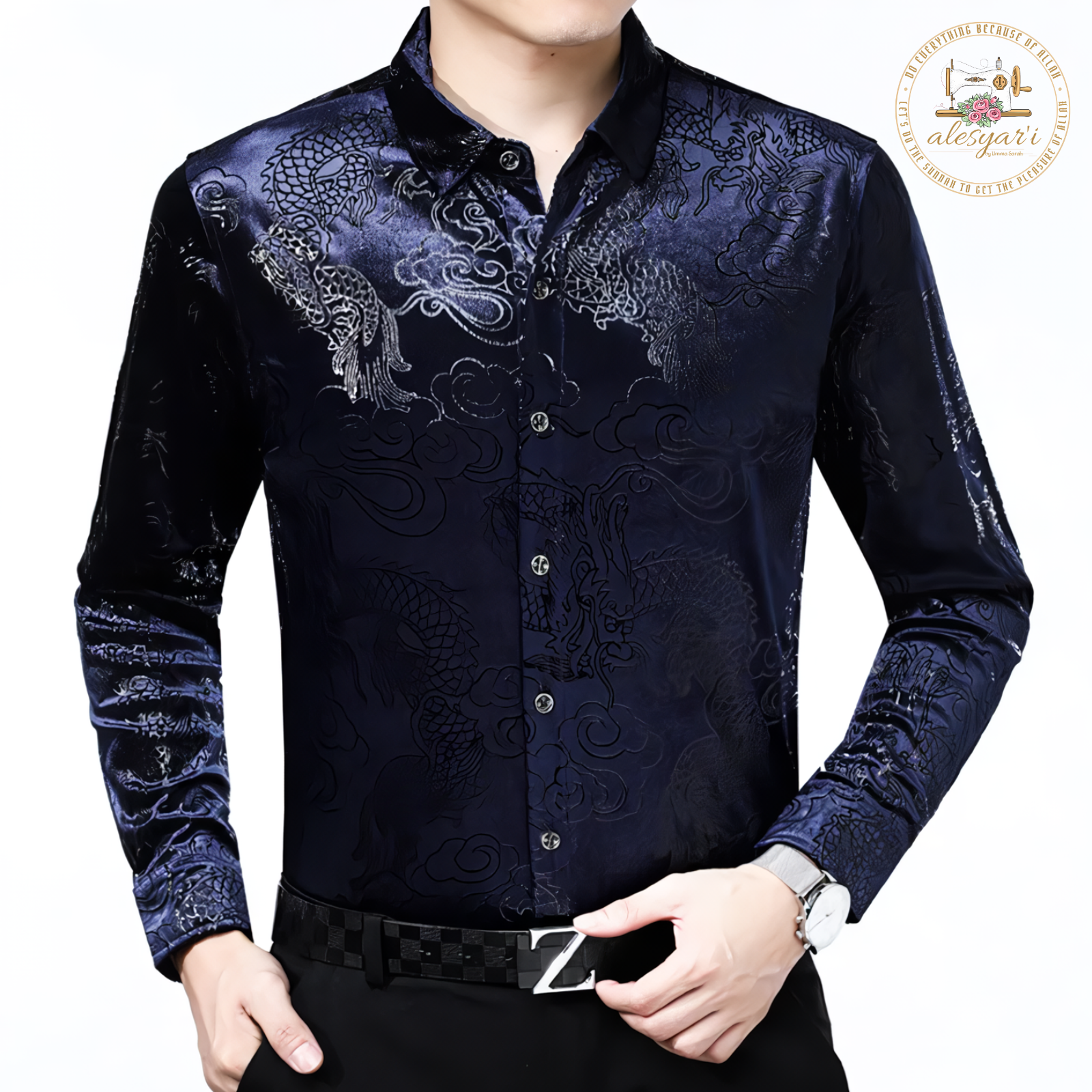 Alesyari Shop I 2024 Luxury Chinese Dragon Embroidery Velvet Shirt Men Slim Fit Long Sleeve Casual Shirts Men's Button Down Social Party Chemise 4XL