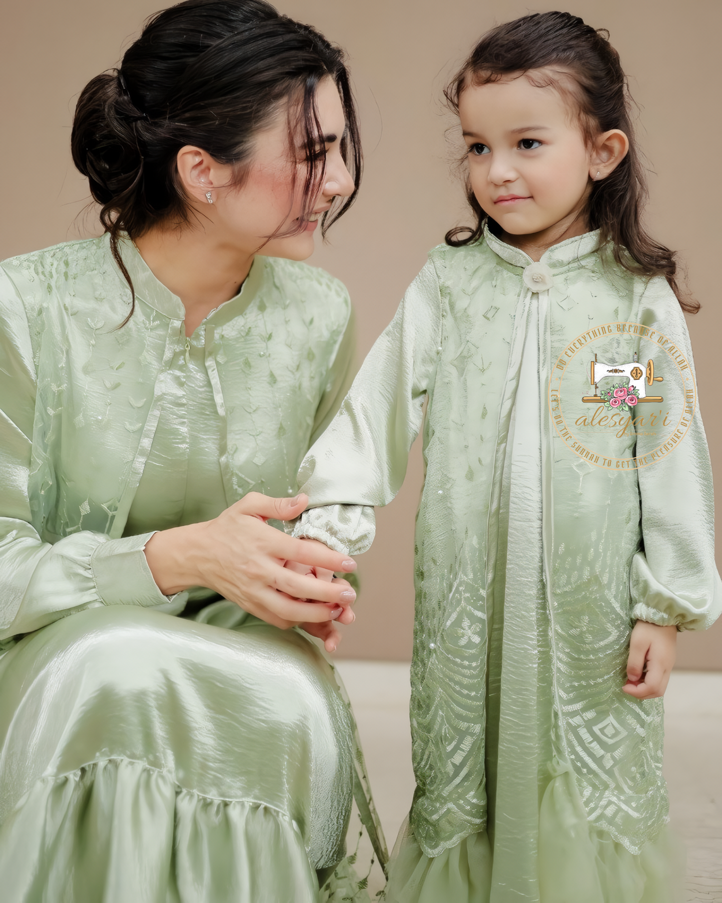 Fashion Family Matching Clothes Mother Daughter Dresses Sage Green Rose Gold Abaya Kids Mom