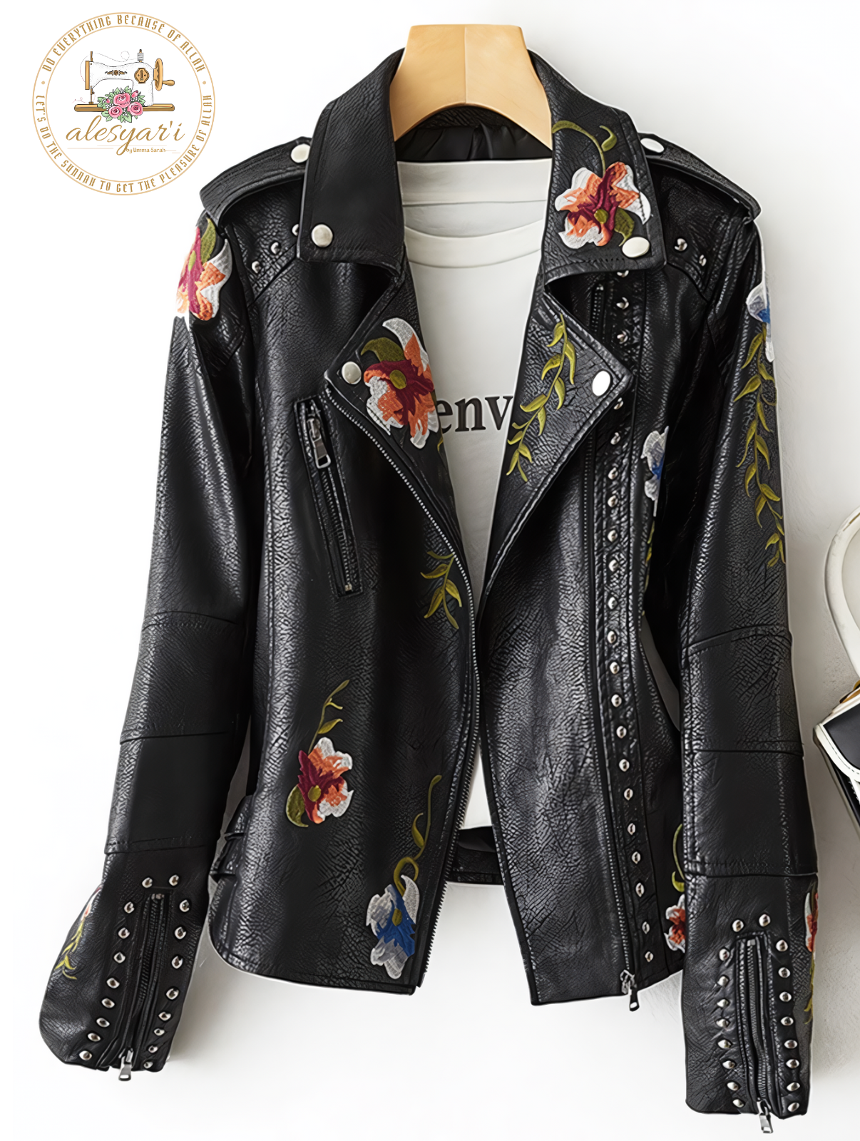 Alesyar'i Shop I Vintage Chic: Women's Retro Floral Print Embroidery Faux Soft Leather Jacket with Turndown Collar