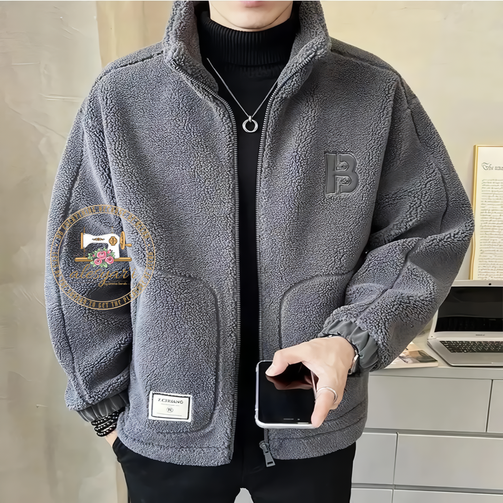 Alesyari Shop I Luxurious Streetwear Style: Men's Winter Polar Fleece Jacket - Solid Color, Loose Fit, and Warm Comfort