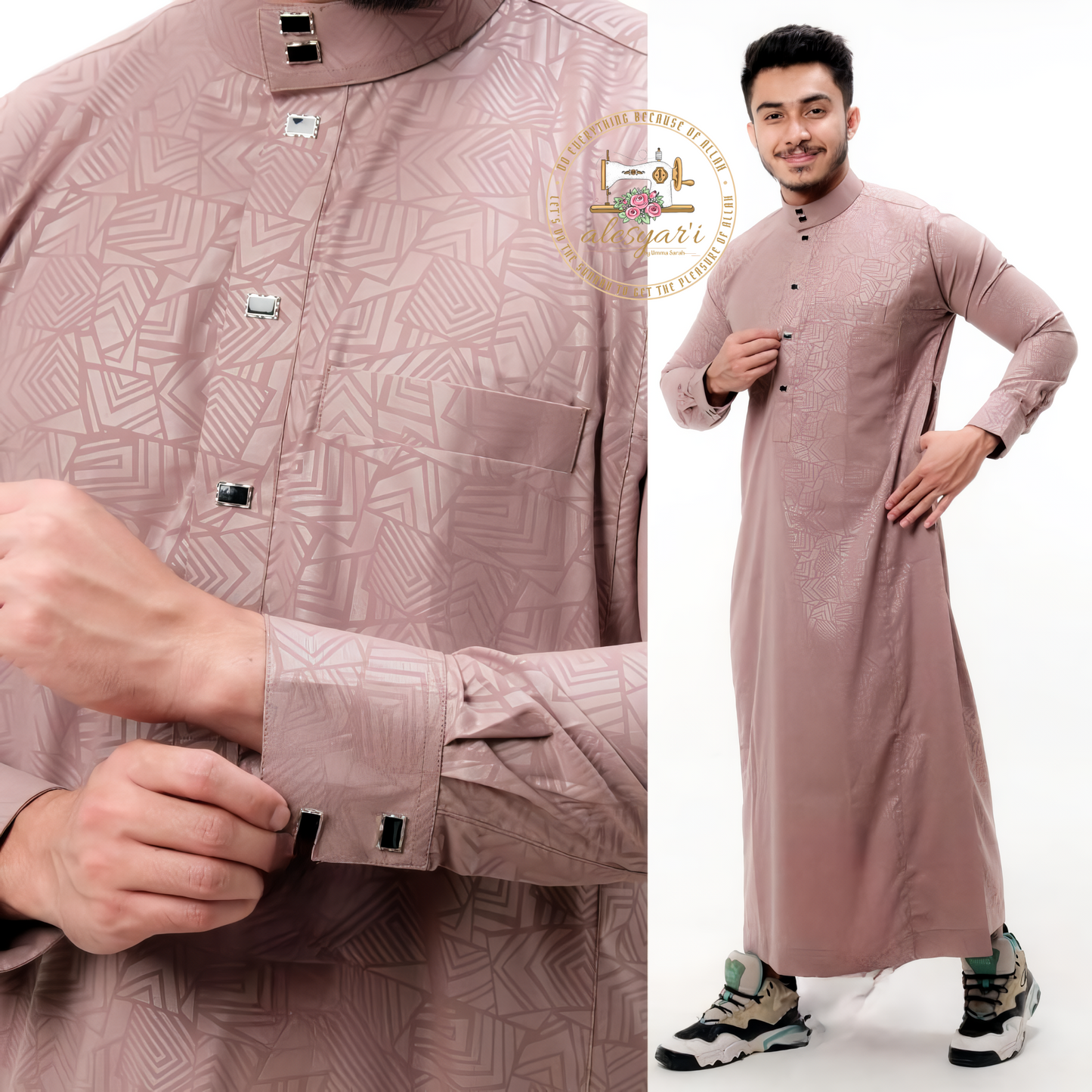 Alesyari Shop I 2024 Muslim Men Jubba Thobe Solid Color Patchwork Robe Saudi Shirt Stand Collar Islamic Arabic Kaftan Men Abaya